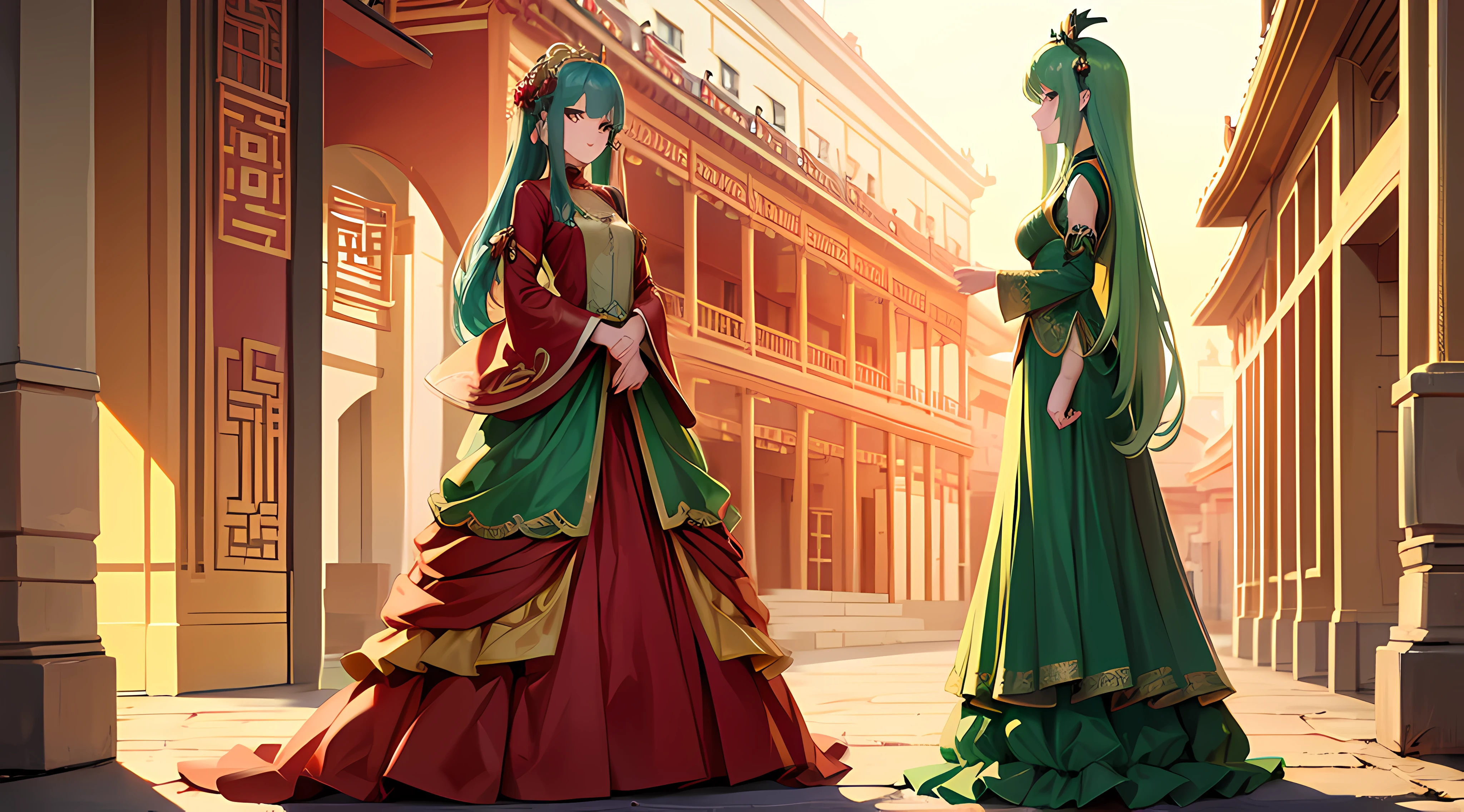 Green girl with long hair，Exquisite palace costume，Fire red dress，Stand in front of the Chinese Heavenly Palace，Look into the distance，