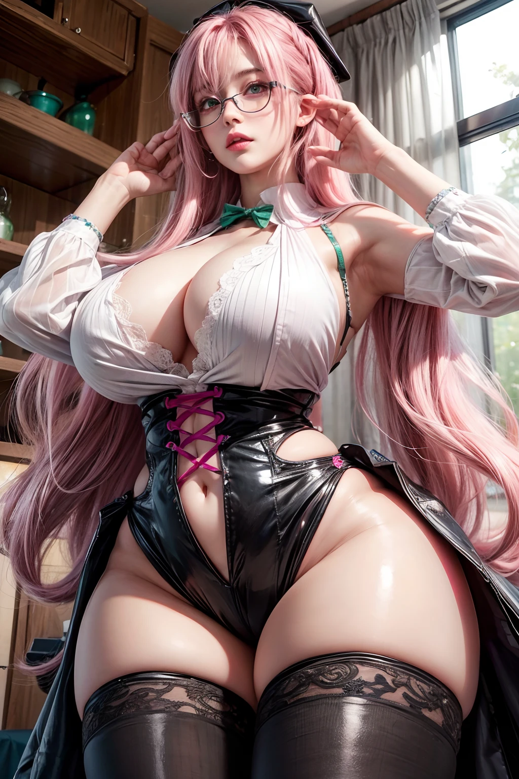 1girl,wearing glasses,(big boobs over size) 1:3,pink hair,green ayes,high res,hyper realistis, ultra detail
