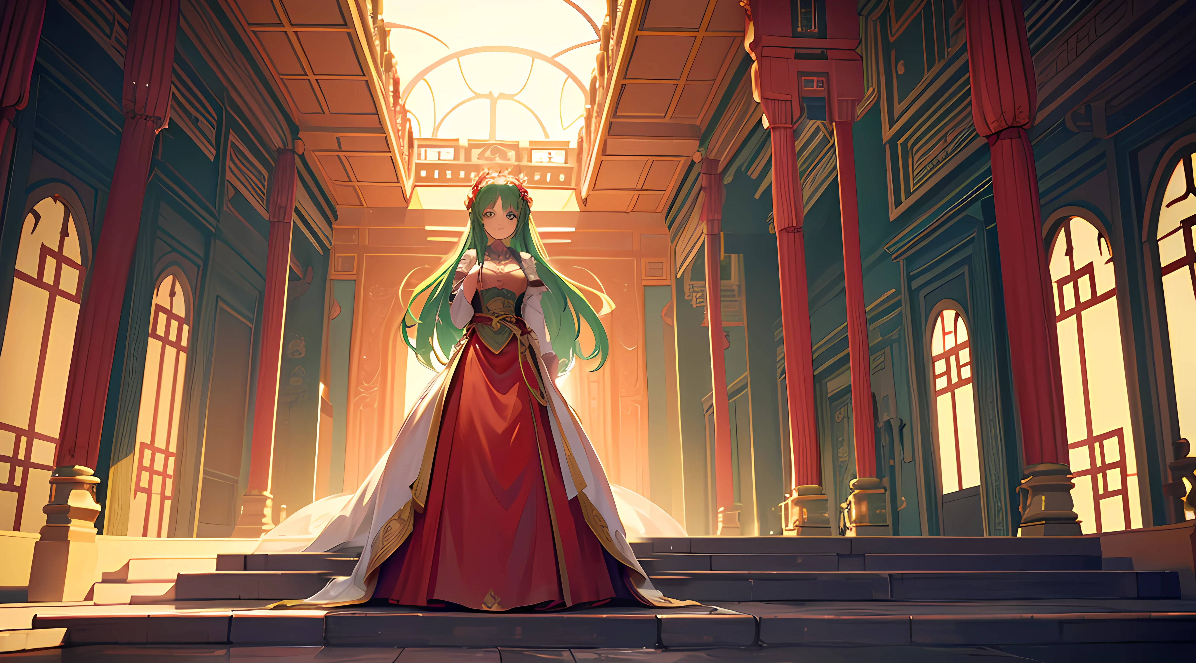 Green girl with long hair，Exquisite palace costume，Fire red dress，Stand in front of the Chinese Heavenly Palace，Look into the distance，
