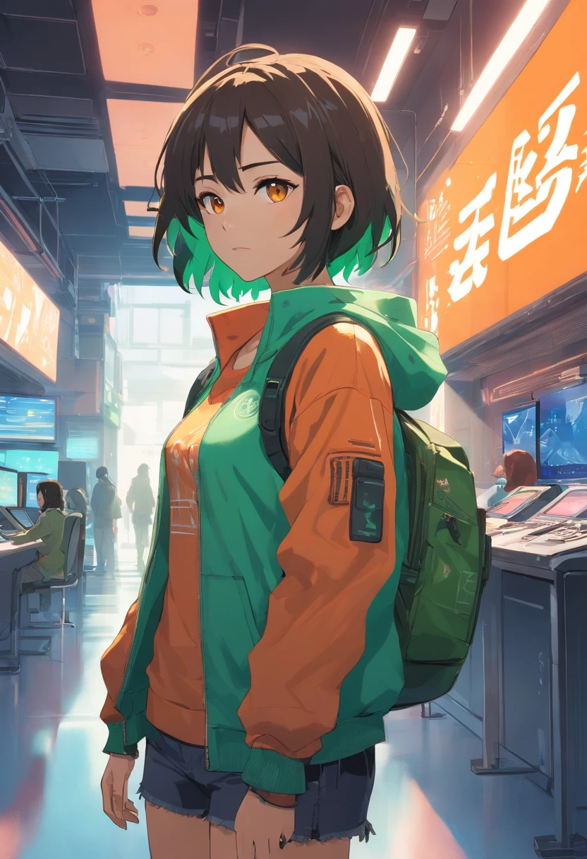 Uma garota negra de cabelo verde e laranja como sombras do estilo takt op destiny , cor da pele negra, corpo de pele negra, 'Cyberpunk clothing style with white colorful cazaco reference, it's punk style, realista, detalhado, Many details in the eyes is in the clothing, ela estaria dentro de uma sala com armas americanas