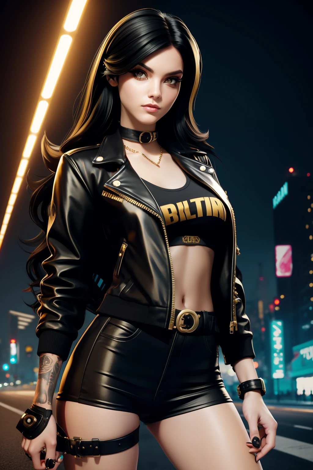 Biker girl, black long hair Emo Pin up Girl, gold jacket, Striking a pose, natural make up, skinny innocent, in a cyberpunk highway