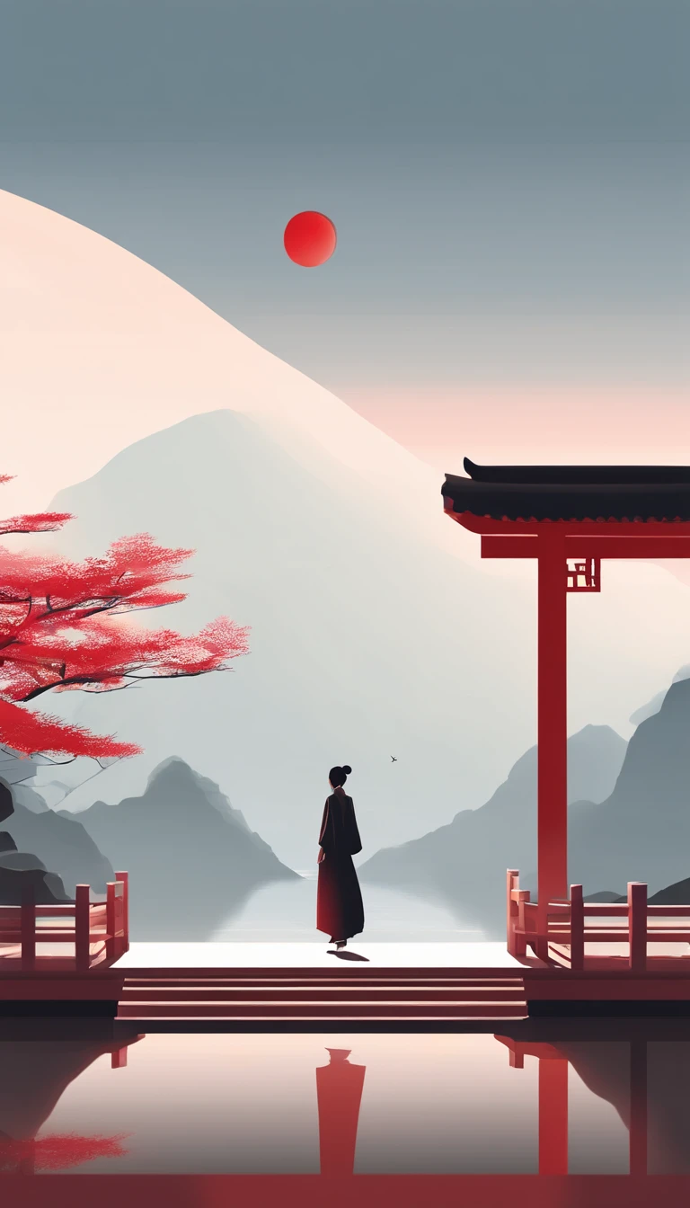 A girl walks in a pavilion,Interzen temple background,Beautiful Chinese landscape,Beautiful rendering of the Tang Dynasty,ancient buildings of China,Blue-red gradient background,Figurative characters,Dancing,Zen tree,There is a bright moon,minimalist aesthetic