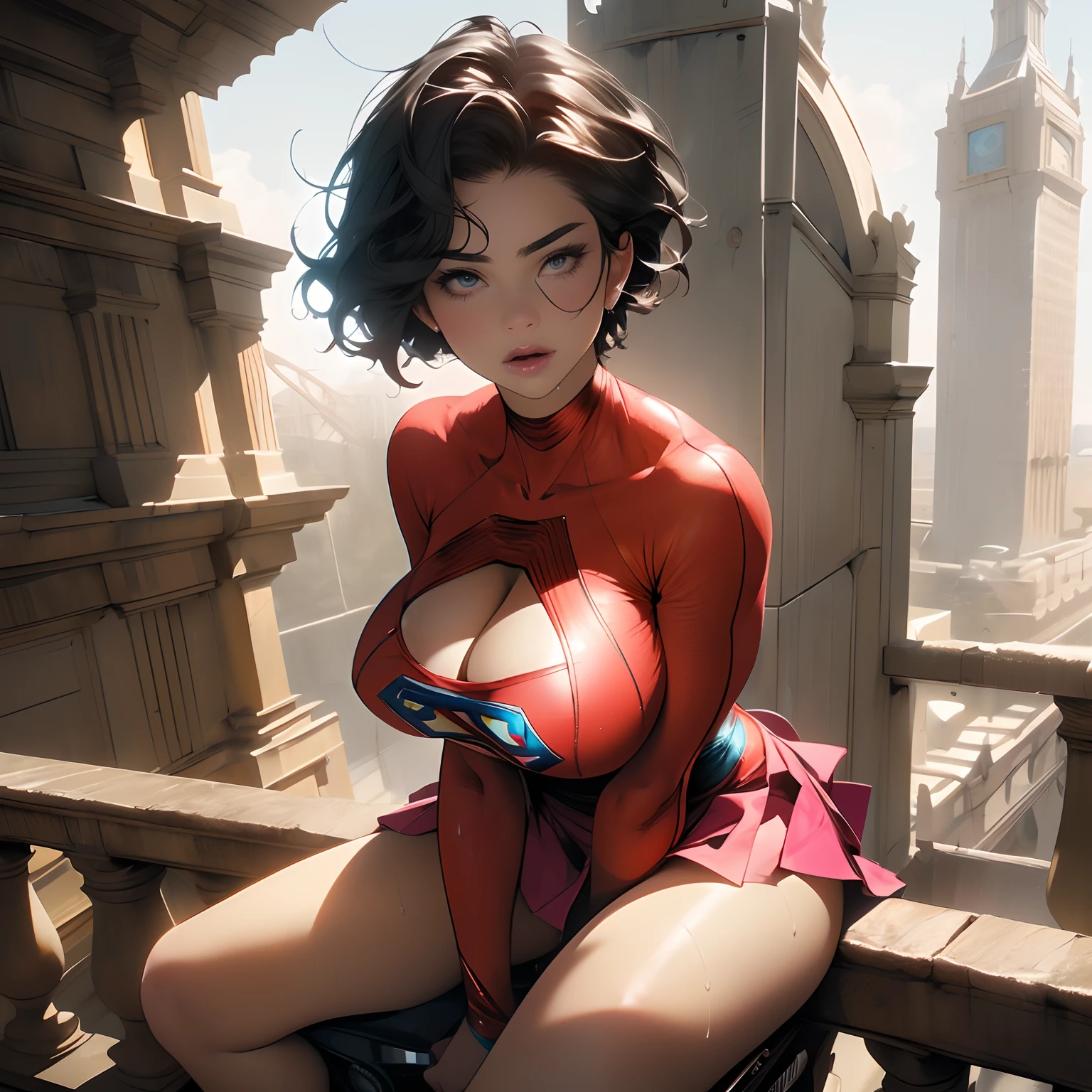 (((American female goddess, detailed face, perfect light green eyes, erotic expression, hot super-girl, she wears a skirt showing panties stuck in her wet pussy, hot ass, her breasts are huge, giant long breasts on display, pointy breasts pink eyes coming out of the sexy cleavage, (she wears the Super-Girl outfit) based on the DC Studios films, Super-Girl costume, wearing ultra-thin panties tucked in showing the parts of her perfect pussy, erotic detail)))), ( photo taken from below, showing her underskirt), (1girl: 1.3), alone, (She wears accessories,), excited, sexy perfect body parts, official art, 8k unified wallpaper, super detailed, beautiful and aesthetic , beautiful, masterpiece, best quality, ultra realistic, masterpiece, super fine photo, best quality, super high resolution, photorealistic realism, sunlight, full body portrait, incredible beauty, dynamic pose, delicate face, vibrant eyes , (she is wearing a sexy Super-Girl outfit with flared skirt), short hair, PERFECT huge breasts, pink panties with highlighted bottom, on top of the tallest building, flexible body, sexy eroic poses, detailed details, beautiful, skin highly detailed, realistic skin details, visible pores, sharp focus, volumetric fog, 8k UHD, DSLR camera, high quality, film grain, clear skin, photographic realism, (cinematic), large metropolis in a future dystopia, futuristic world, display of DC Super-Girl's detailed clothes and erotic stockings, (super-mem's) erotic swimsuit, the girl's erotic body and her hot parts, costume stuffed in her wet pussy, epic scene, skirt lifted showing panties stuffed in her pussy, sitting on motorbike, rubbing her pert ass on the motorbike, epic pose, (pink and pointy breasts sticking out of her clothes), (((naughty, sexy girl))) , perfect details, Erotic, (cleavage, showing, big breasts, huge breasts, coming out of the neckline)