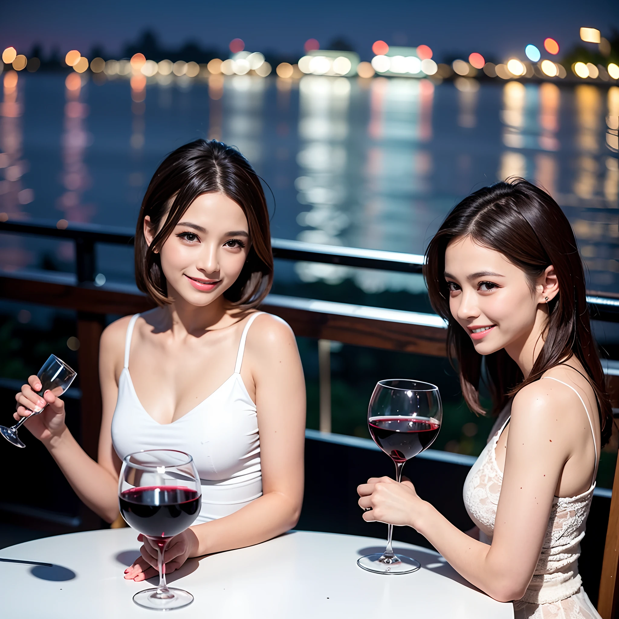 (64K, UHD, top quality, masterpiece: 1.2), (realistic, photorealistic: 1.37), super detailed, pretty woman 1 person, (slim face), (slim body), (brown hair), (short cut), cheeks slightly blushing, (44 years old), 38 years old, solo, beautiful detailed urban night view outside the window, restaurant, wine glasses sit, at night, in a prominent placeNovaFrogStyle, Actress, Model, Waist Up, White Wine, Slim, Wine Glass, Super Clean Night View, Wine Glass Put in the Middle, Happy Smile, (Smile: 1.15), Beautiful Fine Eyes, Upper Body, Bust Japan Up, Night, Short, Short, Actress, Model, Waist Up, White Wine, Slim, Wine Glass, Super Clean Night View, Wine Glass Put in the Middle, Happy Smile,