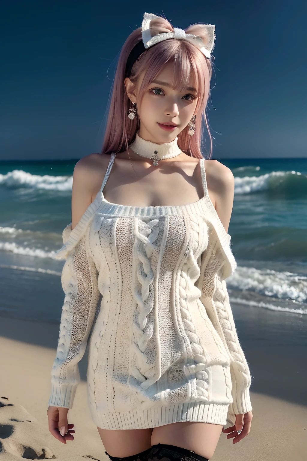 Masterpiece, Best quality, Night, full_Moon, On the beach, gaming console_CG, cosplay, Huge_filesize, the wallpaper, pix_art, Girl, Medium hair, Pink hair, crossed bangs, hair adornments, Hair Bow, snowflake hair ornament, Beautiful detailed eyes, aqua eyes, Fake smile, Smug, Medium breasts, Jacket, (Sweater dress), (Bare_bshoulders), frilld, Lace, Miniskirt, fishnet thighhighs, cross-laced_Footwear, Collar, jewelry, Earrings, White choker , Walking, straddle,