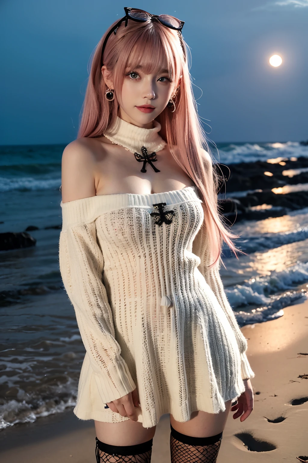 Masterpiece, Best quality, Night, full_Moon, On the beach, gaming console_CG, cosplay, Huge_filesize, the wallpaper, pix_art, Girl, Medium hair, Pink hair, crossed bangs, hair adornments, Hair Bow, snowflake hair ornament, Beautiful detailed eyes, aqua eyes, Fake smile, Smug, Medium breasts, Jacket, (Sweater dress), (Bare_bshoulders), frilld, Lace, Miniskirt, fishnet thighhighs, cross-laced_Footwear, Collar, jewelry, Earrings, White choker , Walking, straddle,