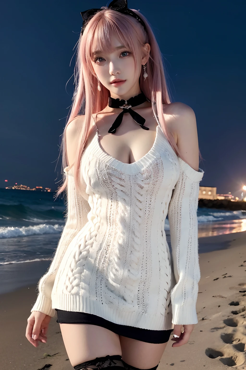Masterpiece, Best quality, Night, full_Moon, On the beach, gaming console_CG, cosplay, Huge_filesize, the wallpaper, pix_art, Girl, Medium hair, Pink hair, crossed bangs, hair adornments, Hair Bow, snowflake hair ornament, Beautiful detailed eyes, aqua eyes, Fake smile, Smug, Medium breasts, Jacket, (Sweater dress), (Bare_bshoulders), frilld, Lace, Miniskirt, fishnet thighhighs, cross-laced_Footwear, Collar, jewelry, Earrings, White choker , Walking, straddle,