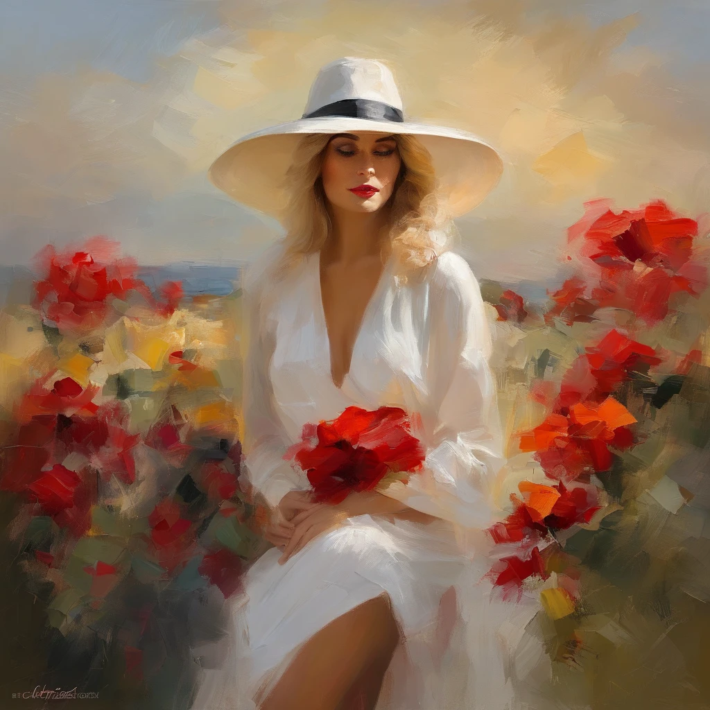 painting of a woman in a white hat and red bikini, elegant digital painting, in style of digital painting, digital art of an elegant, gorgeous digital painting, digital art oil painting, sultry digital painting, beautiful digital painting, painting of beautiful, stunning digital painting, style digital painting, sensual painting, elegant portrait, alla prima oil painting, epic background, elegant oil painting, beautiful art uhd 4 k.