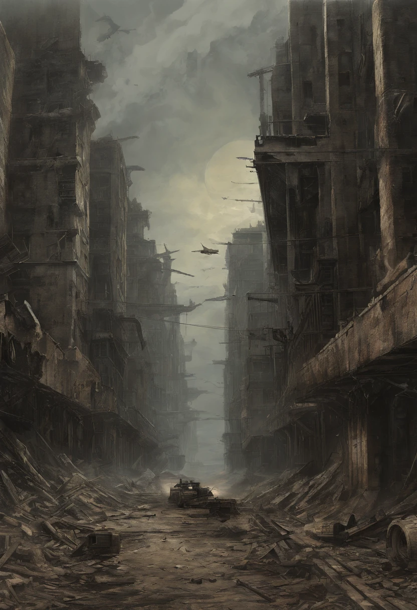 Create dystopian masterpieces,Depict the destroyed futuristic cityscape in a gritty game concept art style. The artwork should evoke a sense of futuristic desolation and despair, post apocalyptic world. Keep an eye on the intricacies of detail, Sharp focus, and a highly detailed description of the ruined city. Take inspiration from the artistic styles of Wayne Barlow and Zdislav Beksiński. Deliver this image in movie view format, Show the bleak beauty of this decaying world.