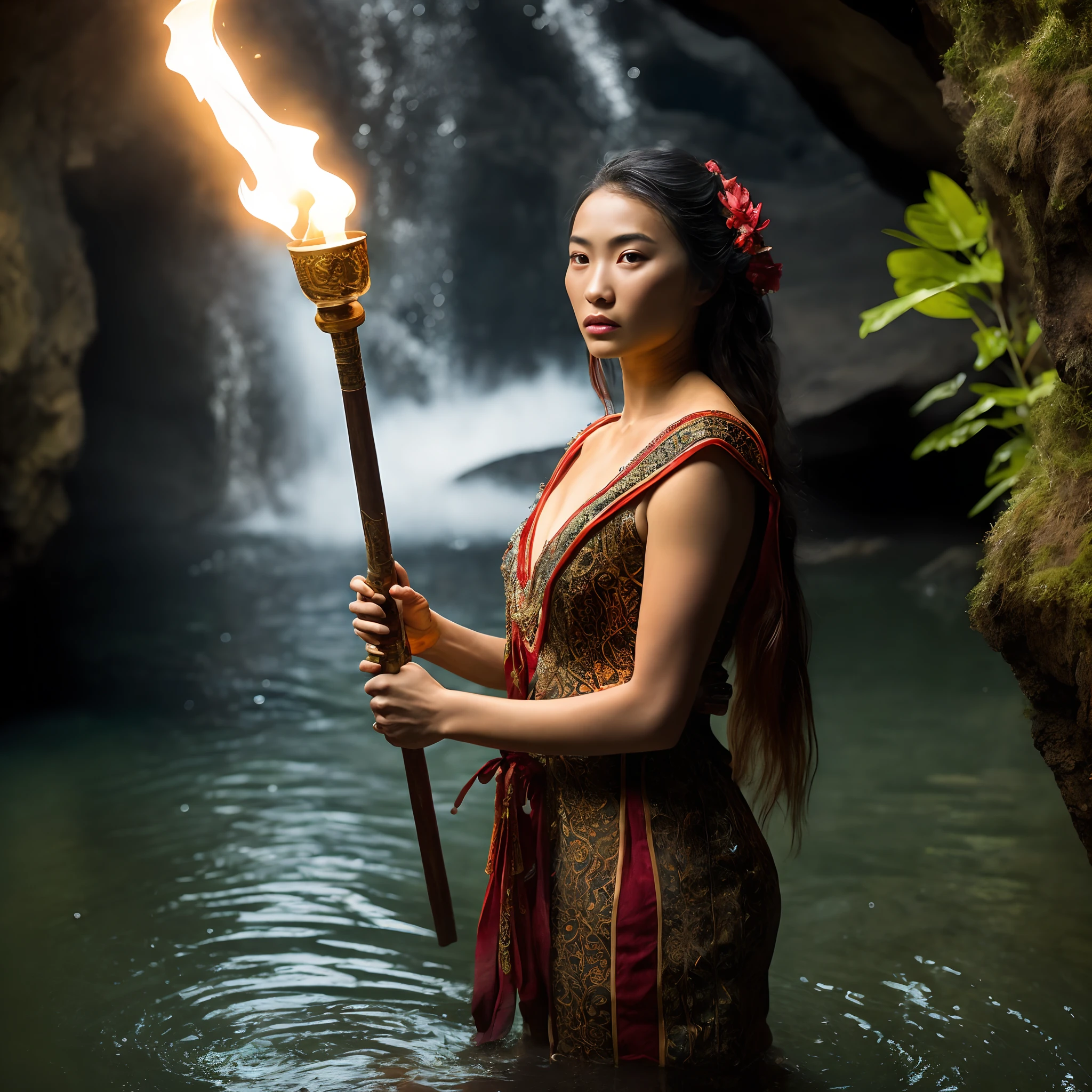 Realistic photo from a pretty young kazakh woman in kazakh dress holding a torch fall in water in the amazon cave, wet hair and body, perfect anatomy, detailed face and eyes, dynamaic candid poses, mystery beautiful cave landscape background, daramatic moment, water, unique plants, aesthetic cave, dramatic dark ligh, cinematic wide portrait view, sharp focus, natgeo photoography, RAW pohoto, highly detailed, high texture, ultra hd, ultra realistic photography, 8k