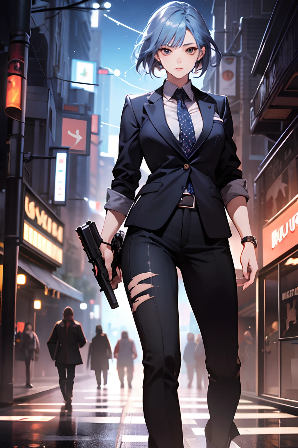 art by katsuya terada, art by range murata, art by akiman, art by JUNNY, Full body shot portrait of cute slender Young Japanese hit girl, Battle Scars, Realistic skin texture, Few moderate moles, wearing a suit, hold a gun, Red Circle nightclub in San Diego, Red and blue cinematic lighting, highly detailed, ray tracing, digital painting, concept art, smooth, sharp focus, illustration, 8k