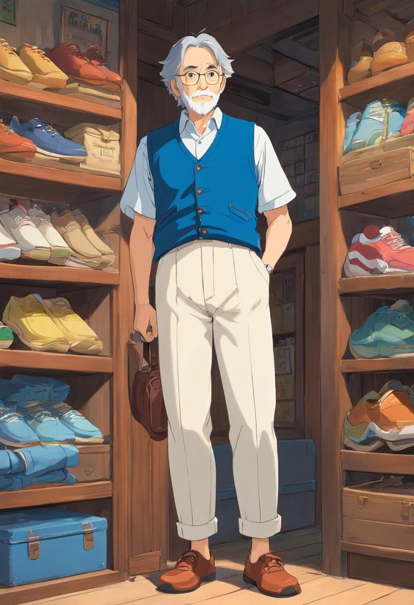 solid color backdrop,middle aged man,Gilet blanc,blue trouser,canvas shoe