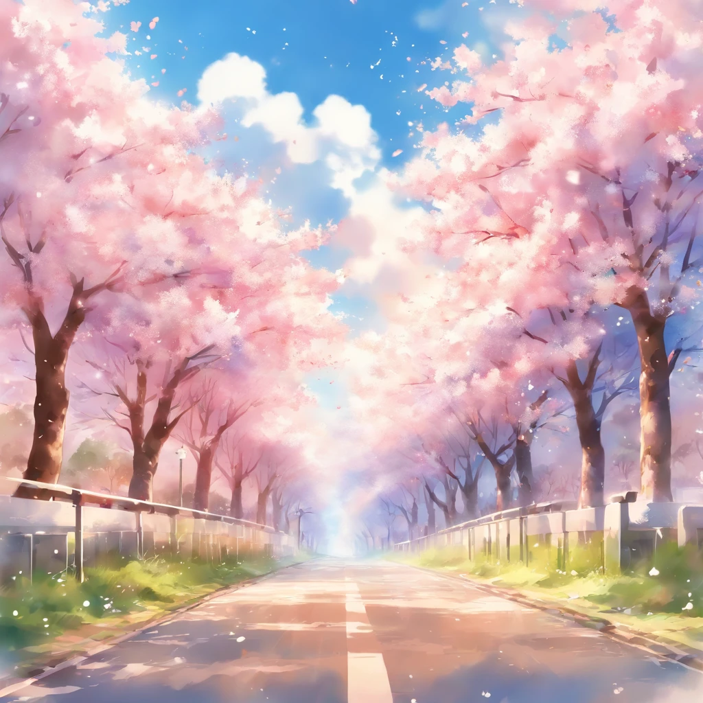 Blue sky and white clouds,The road is lined with beautiful cherry blossom trees,WaterColor style