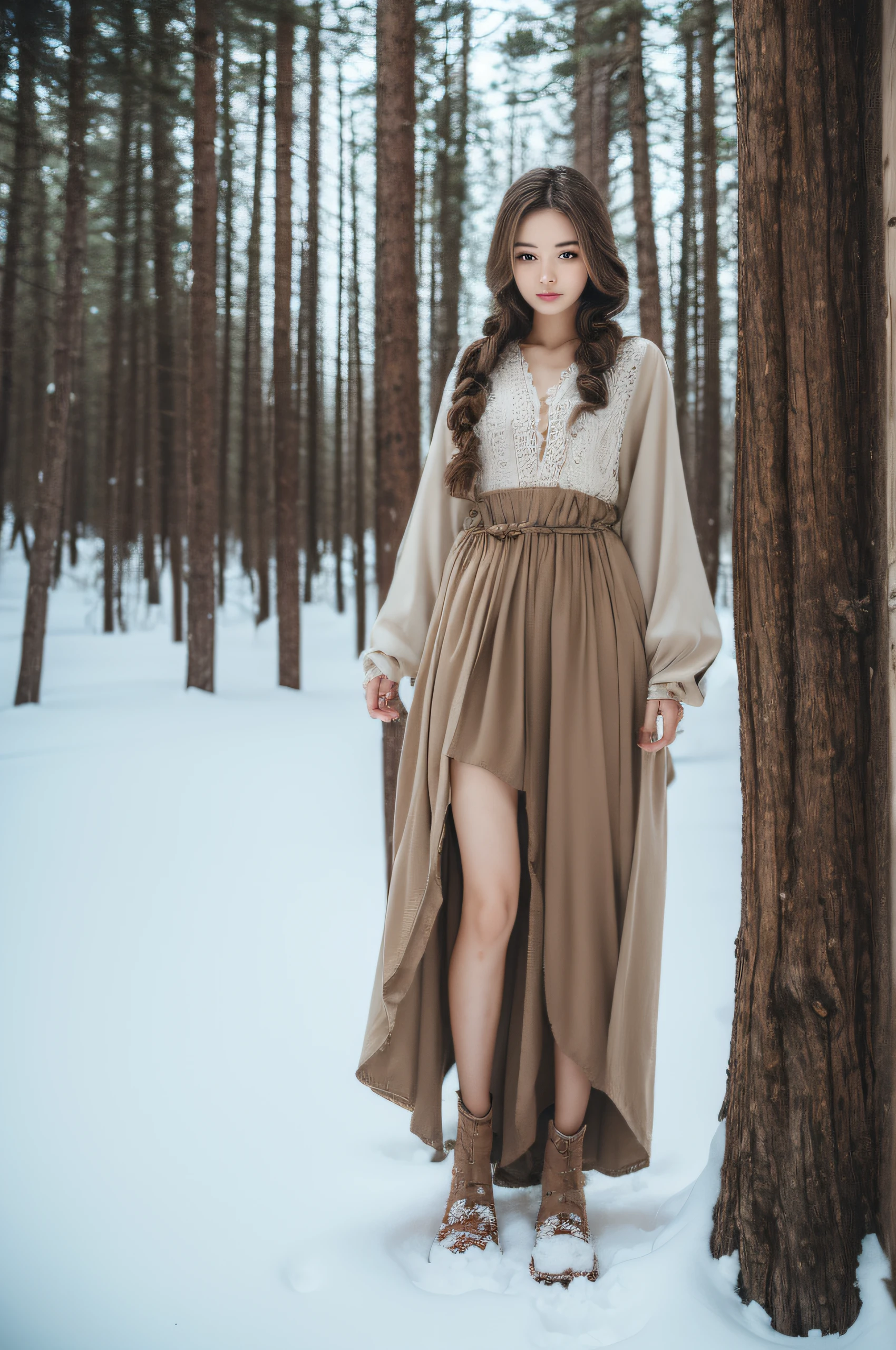 (((masterpiece))), top-quality, Extremely detailed, Detailed background, 1 girl, Very beautiful girl, Japanese, 16 yo, Solo, Detailed face, (Full body:1.8), (Random hairstyles :1.2), (Young Face), (Perfect body:1.1), 8K, Wallpaper, amazing, finely detail, Ultra-detailed, 超A high resolution, Extremely detailed, long skirt, Pure erotic face, extremely detailed eye and face, Beautiful detailed eyes, highly detailed skin, No makeup, (Natural Skin),Rustic cabin surrounded by snow-covered forest