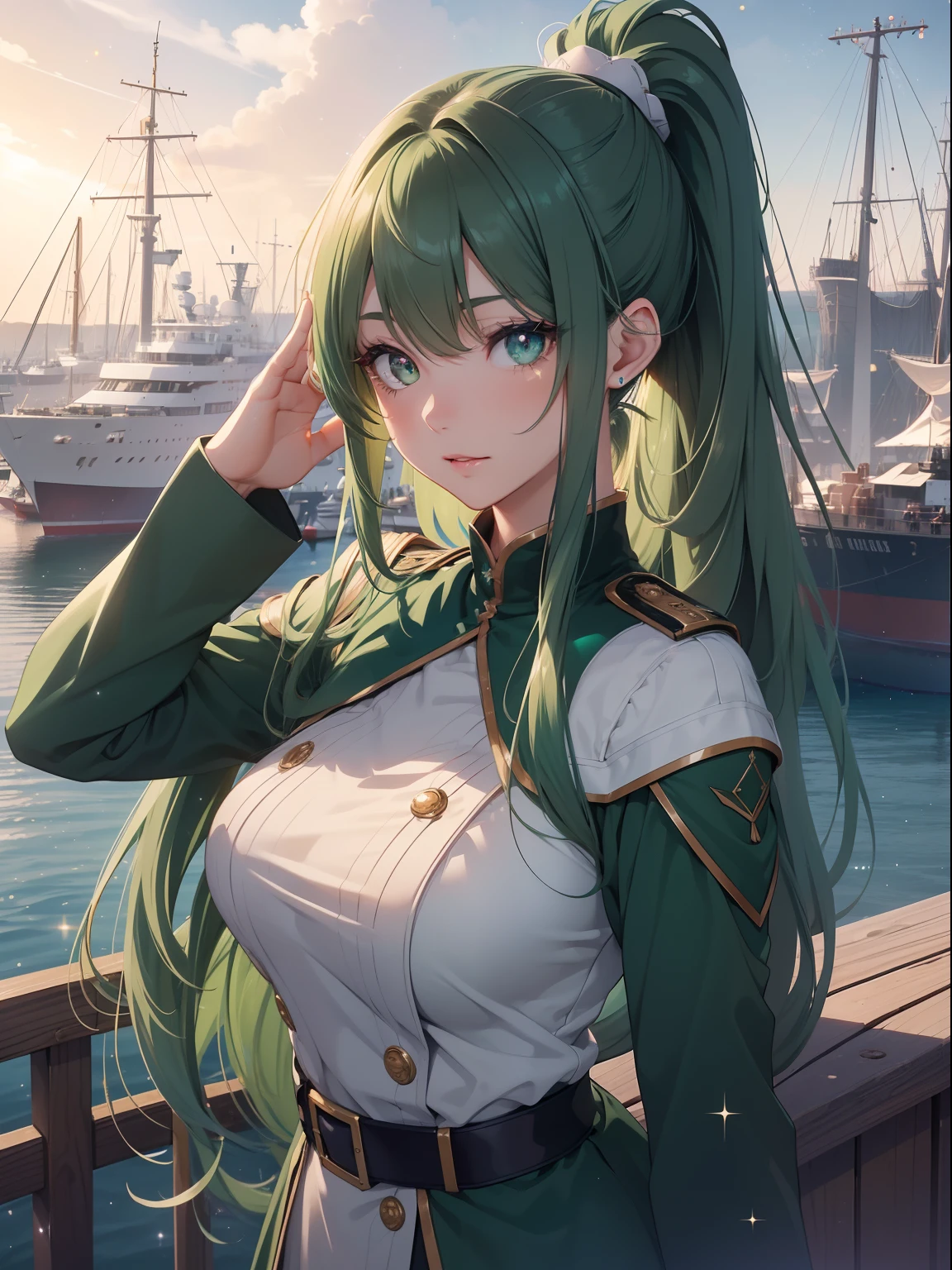 masutepiece, High resolution, 8K, anime woman, Delicate and detailed writing 、Detailed digital illustration、absurdly long hair、(((Ponytail)))、Shiny hair、a very beautiful woman、Eyes are double, Large,Little hanging eyes、 Bust E Cup、High image quality, High quality、Detailed background、The inside of the eye shines like a diamond、(((Dark green hair)))、Gradient pupil、(((2 arms、4 fingers, 1 thumb)))、Detailed female face、a very beautiful woman、、细致背景、​masterpiece、Soft Focus , Bright gradient watercolor , Lens Flare , (((Glitter))) , Glow , Dreamy 、(Cool Girl).Tall lady、Dignified.((No bangs))、(((military outfits)))、(((saluting)))、(((Beautiful ship and harbor background)))、a miniskirt