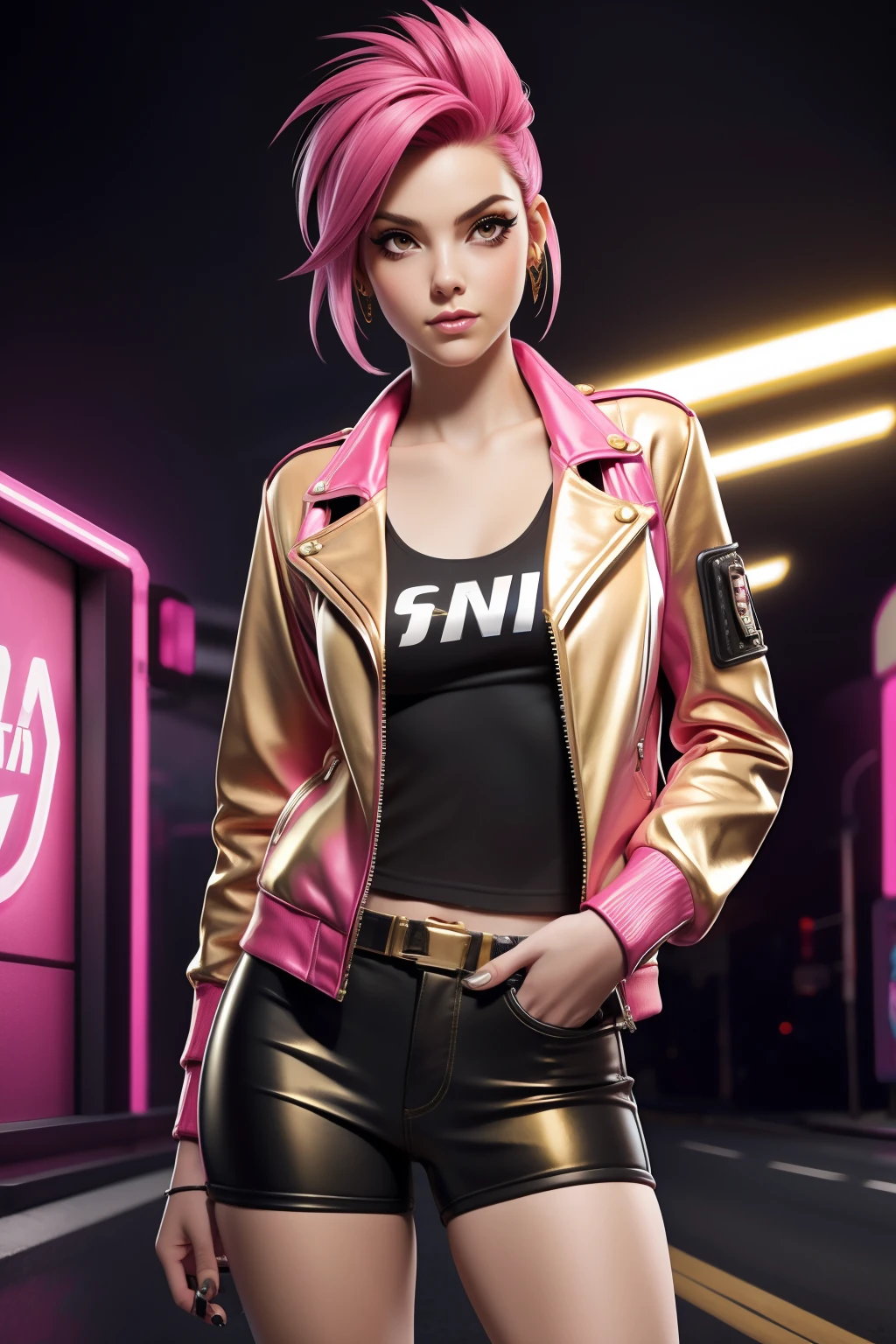 Biker girl, pink hair Emo Pin up Girl, gold jacket, Striking a pose, natural make up, skinny innocent, in a cyberpunk highway
