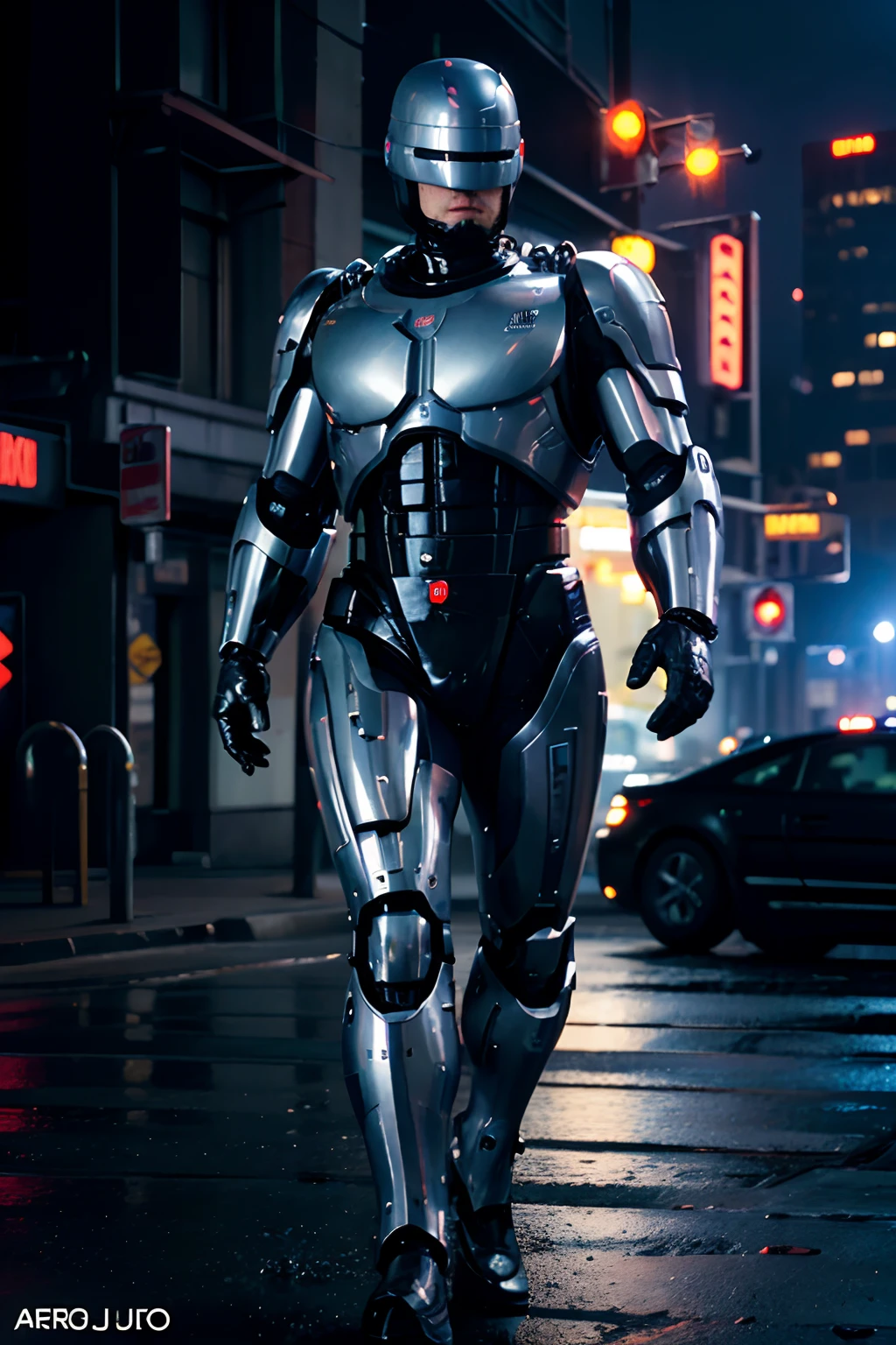 Ben Affleck as Robocop, wearing Robocop full armor, glowing lights, (dynamic pose), (hyper realistic:1.4), (realistic:1.3), (best quality real texture skin), full body, (Cinematic Light), highly detailed skin, skin pores, (highly detailed face:1.1), (highly detailed eyes:1.1), realistic pupils, (perfect anatomy:1.1), (perfect proportions:1.1), (photography:1.1), (photorealistic:1.1), volumetric lighting, dynamic lighting, real shadows, (highres:1.1), sharp focus, daylight, (realistic, hyperrealistic:1.4), intricate, high detail, dramatic, subsurface scattering, big depth of field, vivid, polished, sharpened, ((full Sharp)), (extremely absurdres),8k hdr, cyberpunk Chicago police station background,