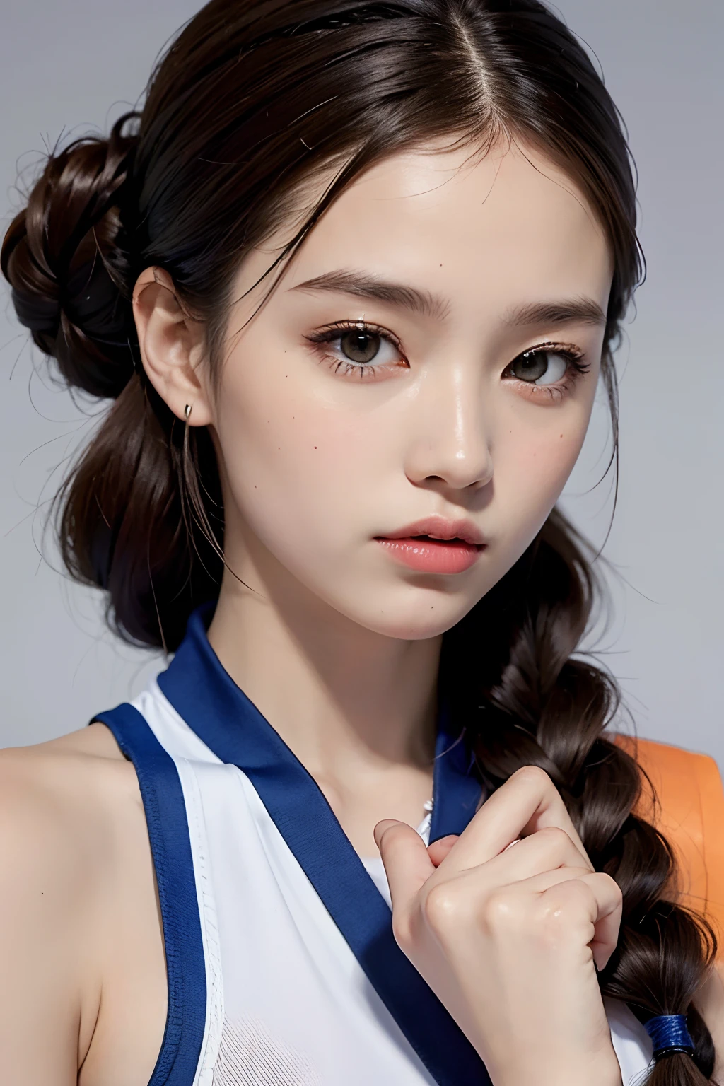 Best quality,Masterpiece, 1 girl, Solo, model shoot, Amazing, ),(Twist braids:1.2),sporty attire,In the ring