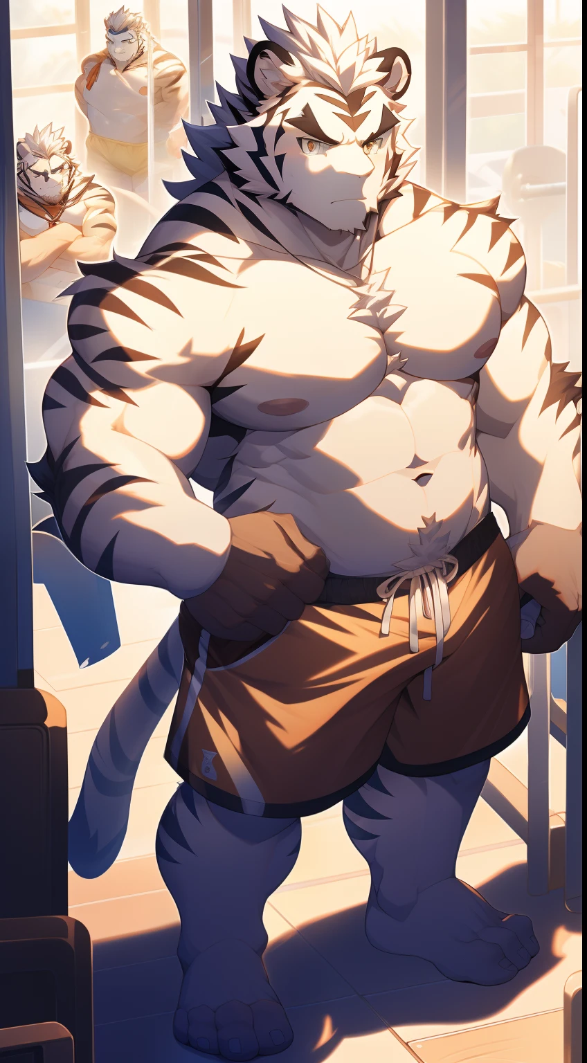 mercenary \(grimoire of zero\), felid, mammal, pantherine, tiger, abs, anthro, belt, belt buckle, blue eyes, bottomwear, brick wall, brown bottomwear, brown clothing, brown pants, bulge, clothing, detailed background, fur, green belt, grey nose, hands behind back, looking at viewer, male, markings, muscular, muscular anthro, muscular male, nipples, pants, pattern clothing, pecs, pink nipples, red clothing, red shirt, red topwear, shirt, sky, smile, solo, striped body, striped clothing, striped fur, striped markings, striped tail, stripes, tail, tail markings, topwear, wall \(structure\), white body, white fur,by ashendawger, , by null-ghost,by lindong