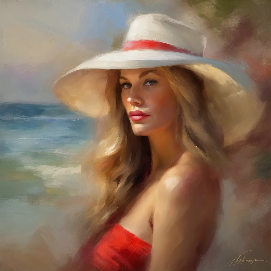 painting of a woman with a hat and dress on a beach, digital art inspired by Vincent Lefevre, Artstation, digital art, karol bak uhd, anna dittmann alberto vargas, exquisite digital illustration, renaissance digital painting, hyperrealistic art nouveau, artgerm and james jean, glossy digital painting, flowing realistic fabric