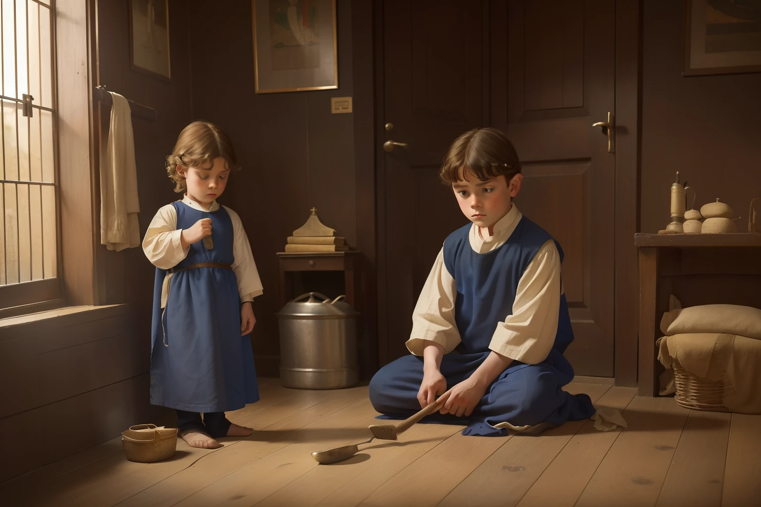 Year: 11th century. Location: London. Pre-raphaelite scene with a 9--old r english boy, cleaning his dirty home, ((sad)), ((((11th century poor tunic)))) ((11th century hairstyle)) ((in the style of "OMITB")) ((cinematic style))