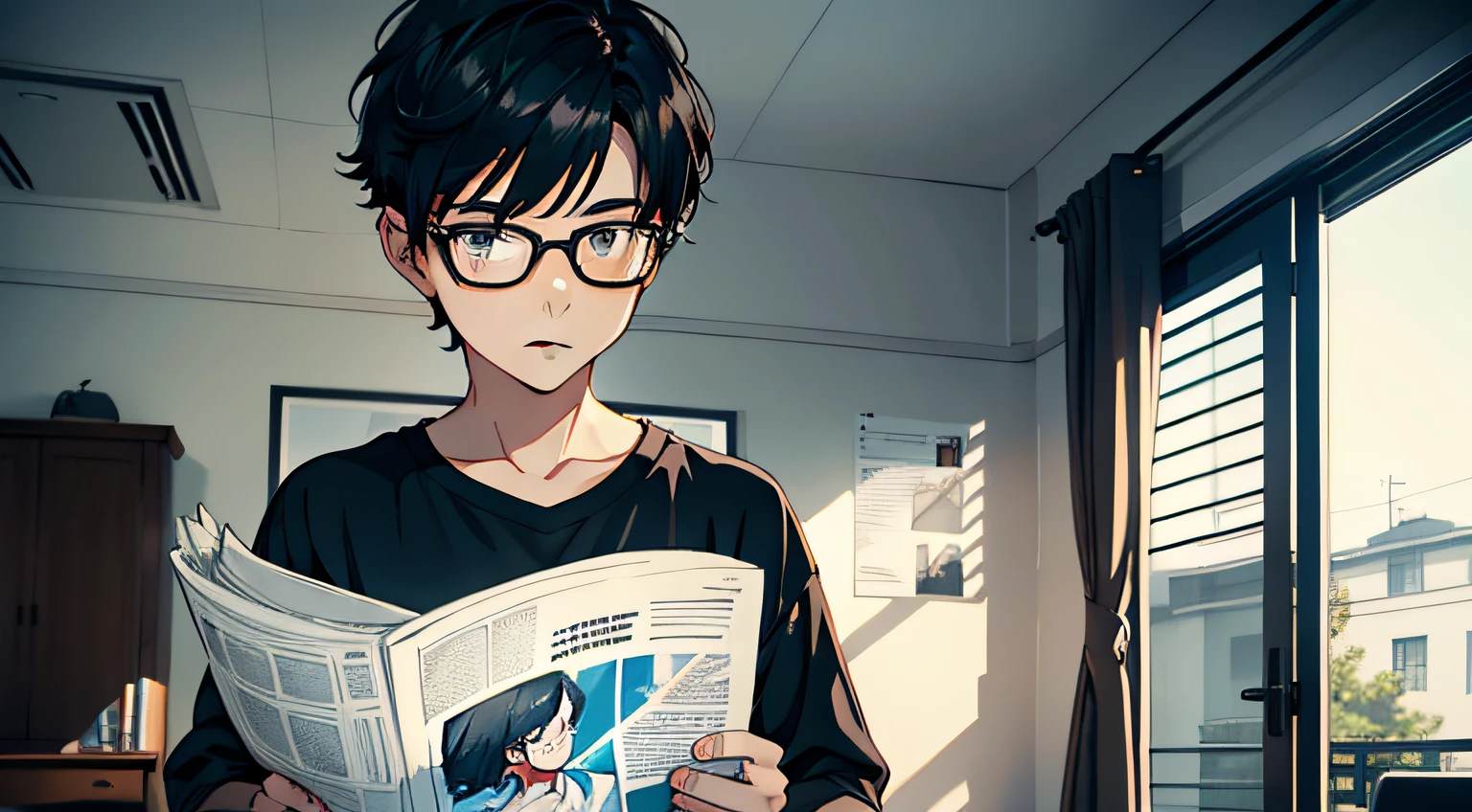 A quiet boy,Short black hair with black glasses,inside in room,Holding a newspaper in his hand