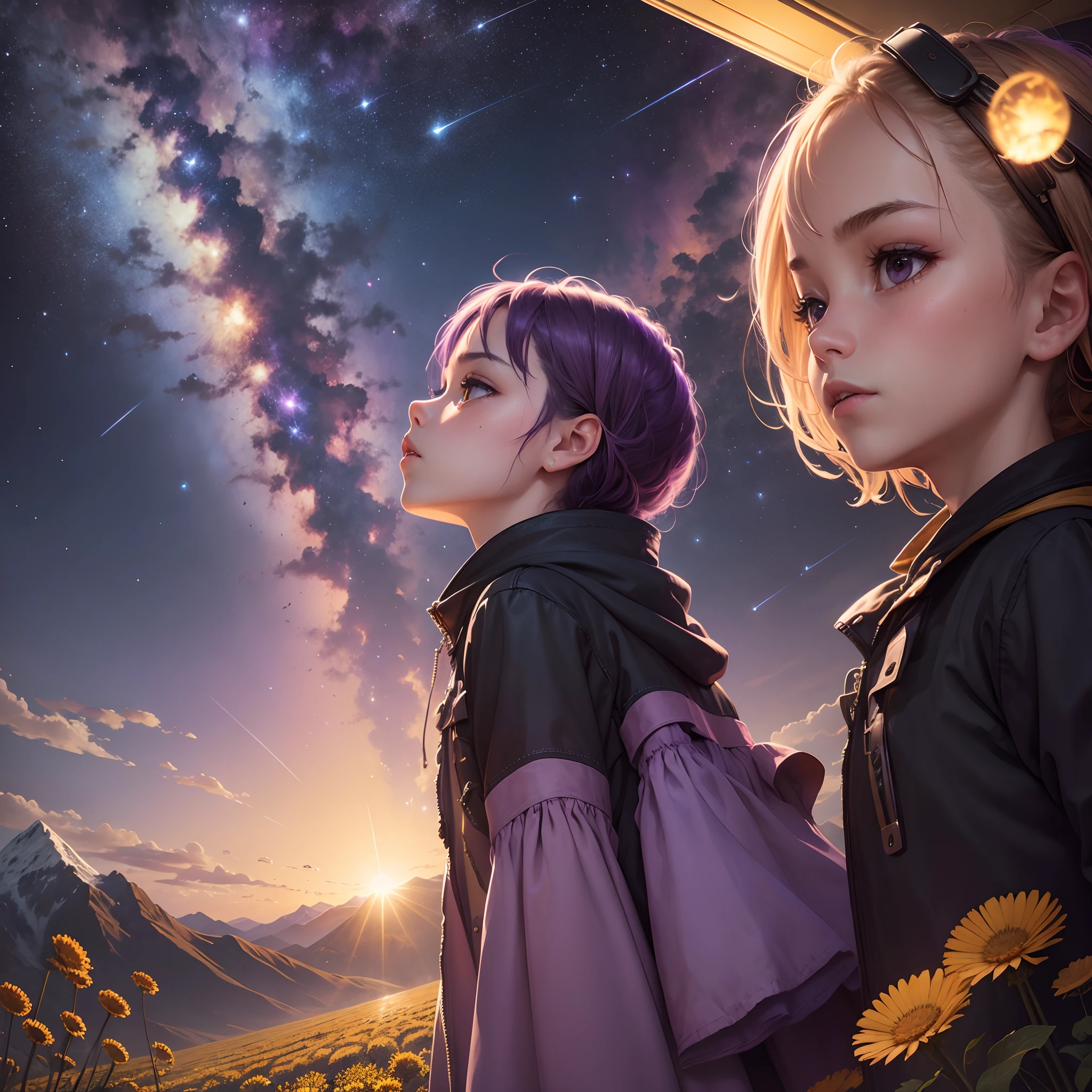 (Absurdres, Cinematic, UHD, higher, ultra detailed, ultra detailed), dark purple sky, nebula in the sky, 5 lattern in the sky, big moon in the sky, flying train, shooting star, dandelion field, mountain, boy looking at the sky, oil painting, detailed dandelion field, detailed flying train, detailed sky, sunset, orange, yellow blue, purple, warmt