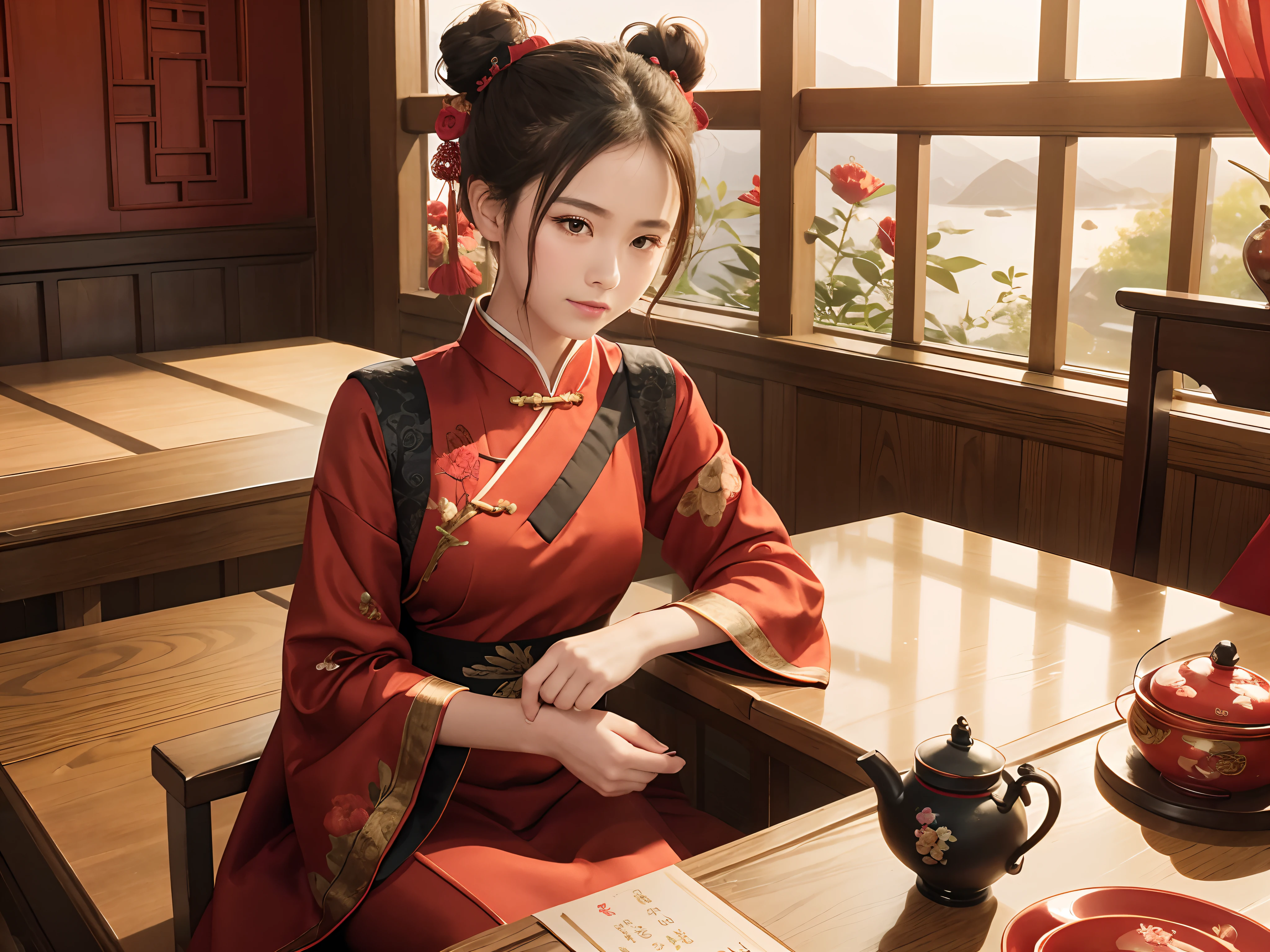 commercial photo, masutepiece, Super Detail, High quality, awardwinning, 8K, girl, Solo, Hair bun, Flower Design Red Dress, Silk, close up, sitting in the chair, In the tea house, Chinese style interior, In China, traditional, Natural light, in the morning, The theme is flowers