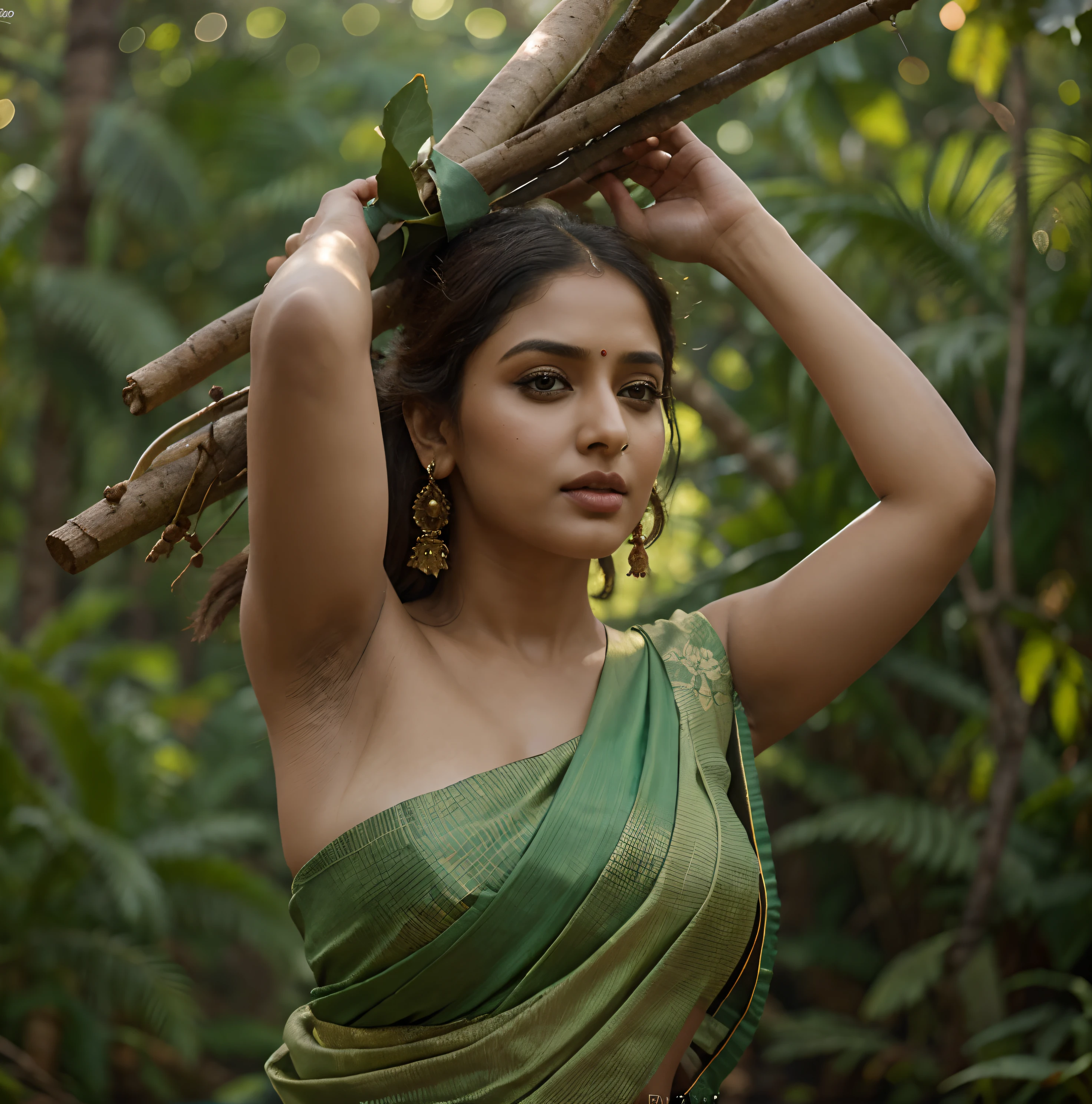 Face mix of Anushka Shetty and Nayanthara, captivating, charming, 1woman, curvy figure, healthy and fleshy body, village woman, carrying woods from jungle, village clothing, green forest background, wearing only saree (sari), village life, working stills, retro village sari, Model photography featuring a curvy figure, inspired by Mohanan Manimala art, instagram post, showcases a sensual and bold woman with a modern sleeveless blouse. The model wears a designer saree and a designer sari, showcasing her attractive physique and pale skin. The image captures a captivating, lusty figure with detailed eyes and a deep, dark navel hole. The model is a hot and attractive figure, showcasing her perfect body, perfect face, and seductive expression, no other woman on the screen,