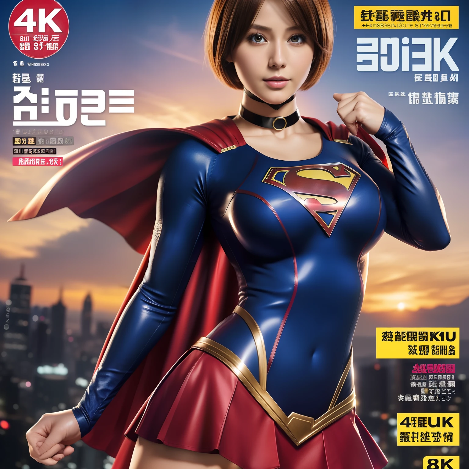 (Best Quality,4K,8K,hight resolution,masutepiece:1.2),Ultra-detailed,Realistic:1.37,Super masterpiece,Short-haired Supergirl、large full breasts、Looking at the camera、Glossy costume、a choker、Too short miniskirt、Weekly magazine cover、Powerful Pose