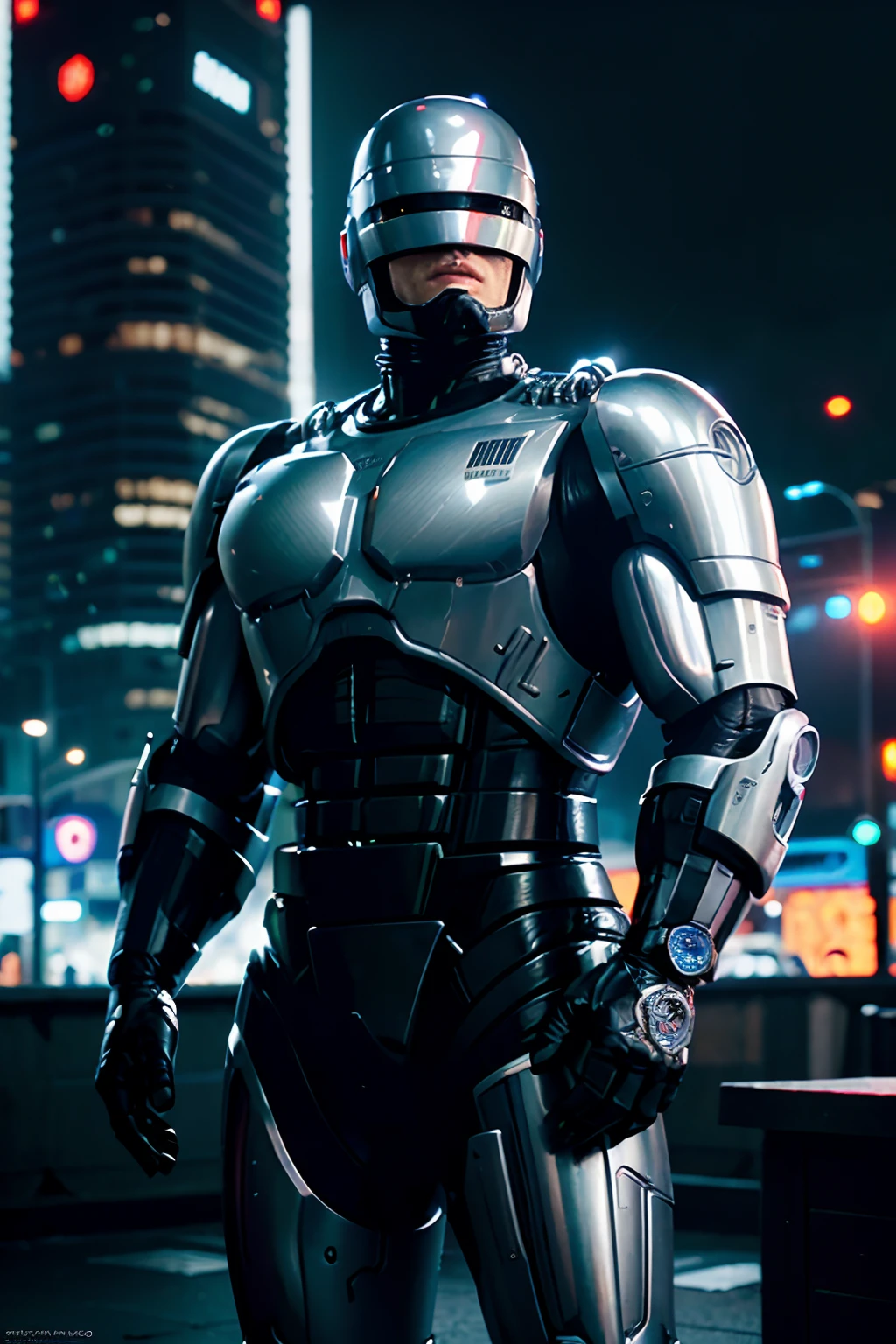 Ben Affleck as Robocop, wearing Robocop full armor, glowing lights, (dynamic pose), (hyper realistic:1.4), (realistic:1.3), (best quality real texture skin), full body, (Cinematic Light), highly detailed skin, skin pores, (highly detailed face:1.1), (highly detailed eyes:1.1), realistic pupils, (perfect anatomy:1.1), (perfect proportions:1.1), (photography:1.1), (photorealistic:1.1), volumetric lighting, dynamic lighting, real shadows, (highres:1.1), sharp focus, daylight, (realistic, hyperrealistic:1.4), intricate, high detail, dramatic, subsurface scattering, big depth of field, vivid, polished, sharpened, ((full Sharp)), (extremely absurdres),8k hdr, cyberpunk Chicago police station background,