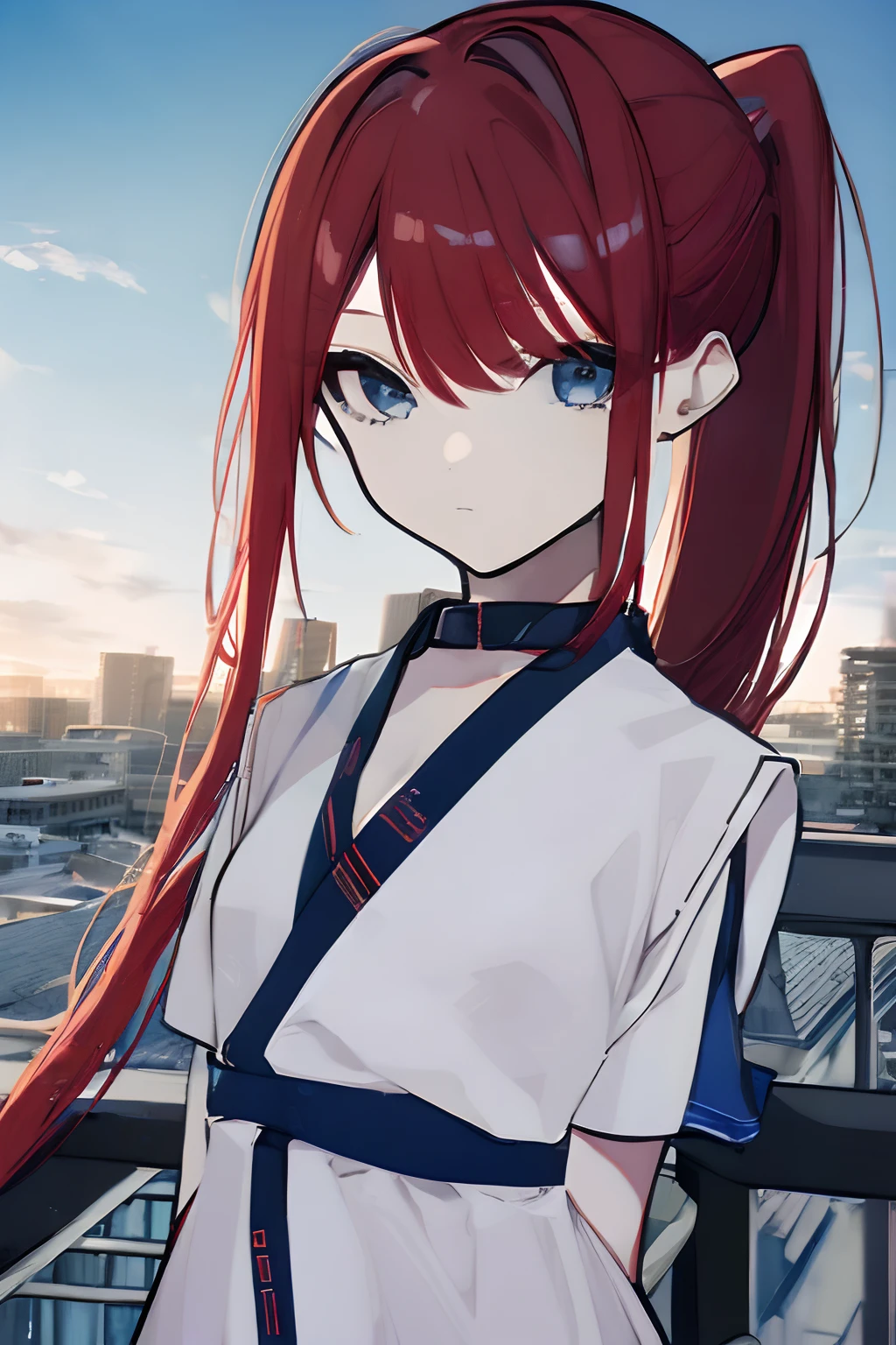 1girl, young girl, masterpiece, high quality, red hair, bangs, blue eyes, (ponytail), (long hair), (straight hair), ((on the rooftop of building)), high roof, wearing a patient gown, (standing against the railing), (((detail face))), very detail face, (clear sky), (blue sky)