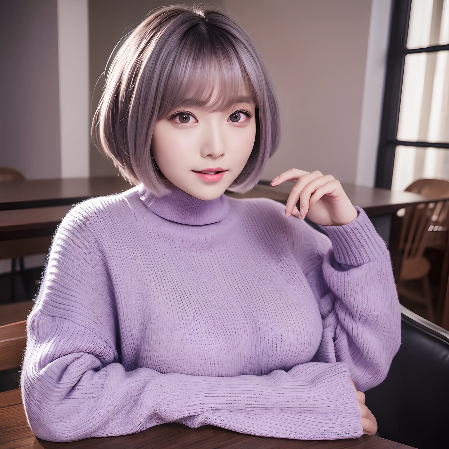 finest image, portrait, cute lady, happy, shy, ash gray glossy braided bangs iridescent short hair, ahoge, light purple sparkling big eyes, huge breasts, great proportion, brown fluffy sweater, sitting, breasts are on the table, background, room, chair, table, professional lighting