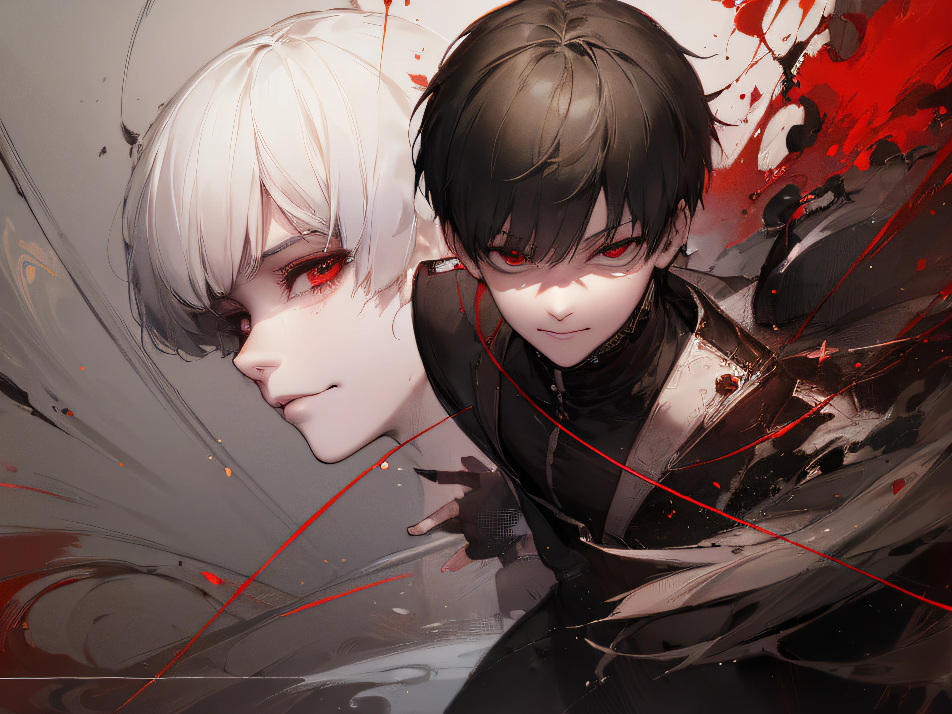 kaneki_ken from tokyo ghoul anime,(masterpiece,best quality,hd,detailed,detailed face,detailed eyes),tokyo ghoul background,smirk,line art,illustration,kawacy