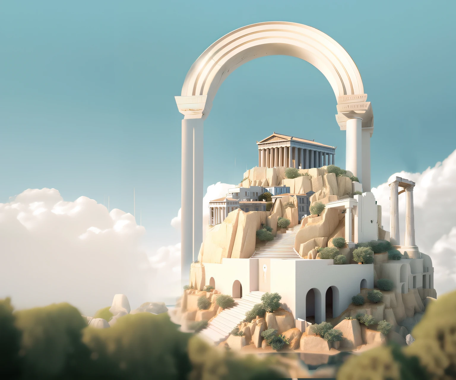 There is a small arch on the top of the hill, greek fantasy landscape, Greek temple background, ancient marble city, greek fantasy panorama, Ancient Greek city, surrealistic roman architecture, Greek temple, mount olympus, ancient greek temple, Greek Acropolis, Temple background, Illustration matte painting, author:Alexander Kosis, 3 d epic illustrations