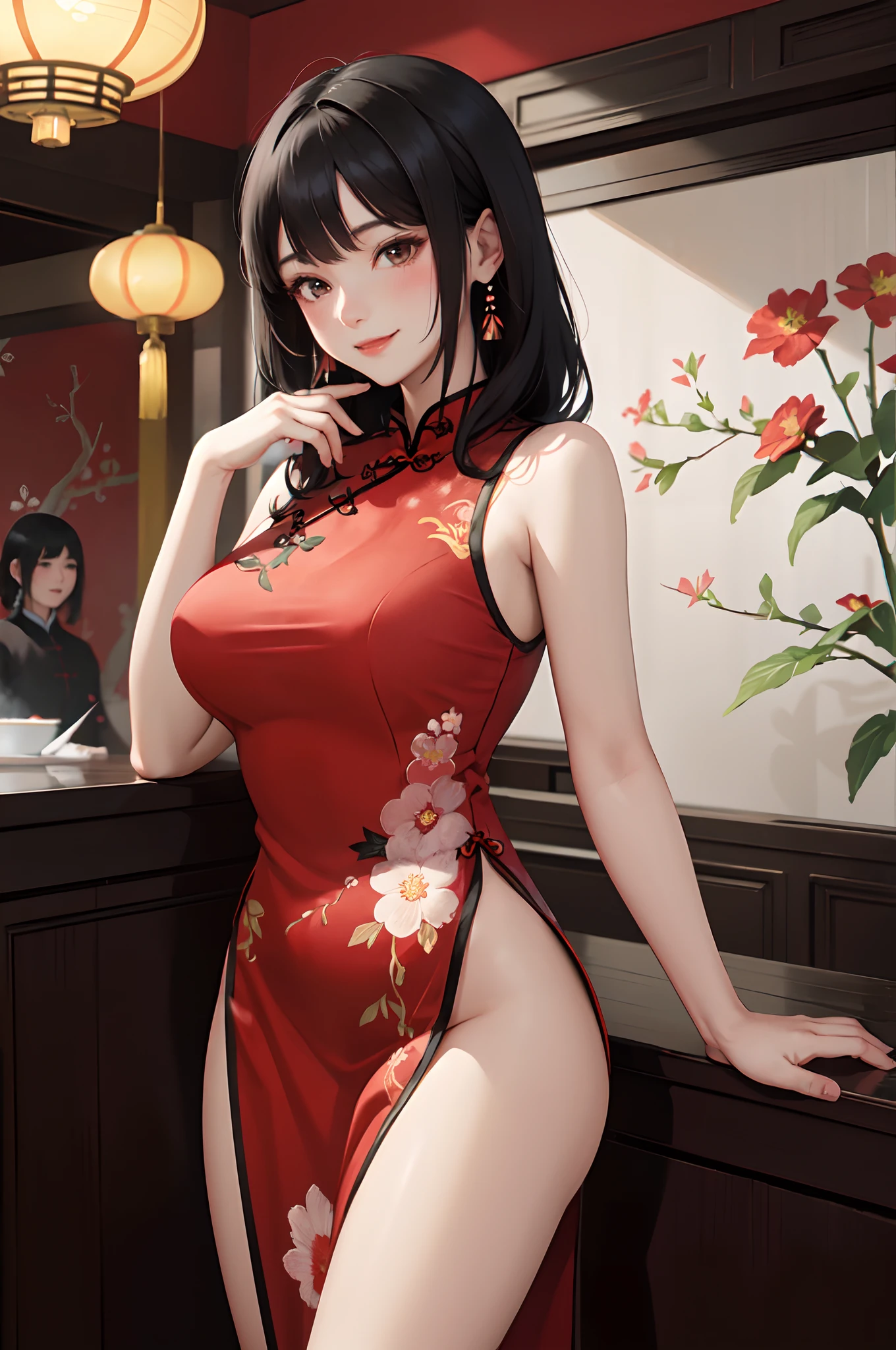 1lady solo, /(red cheongsam with floral embroidery/), mature female, /(black hair/) bangs, blush kind smile, (masterpiece best quality:1.2) delicate illustration ultra-detailed, large breasts BREAK /(chinese restaurant indoors/)