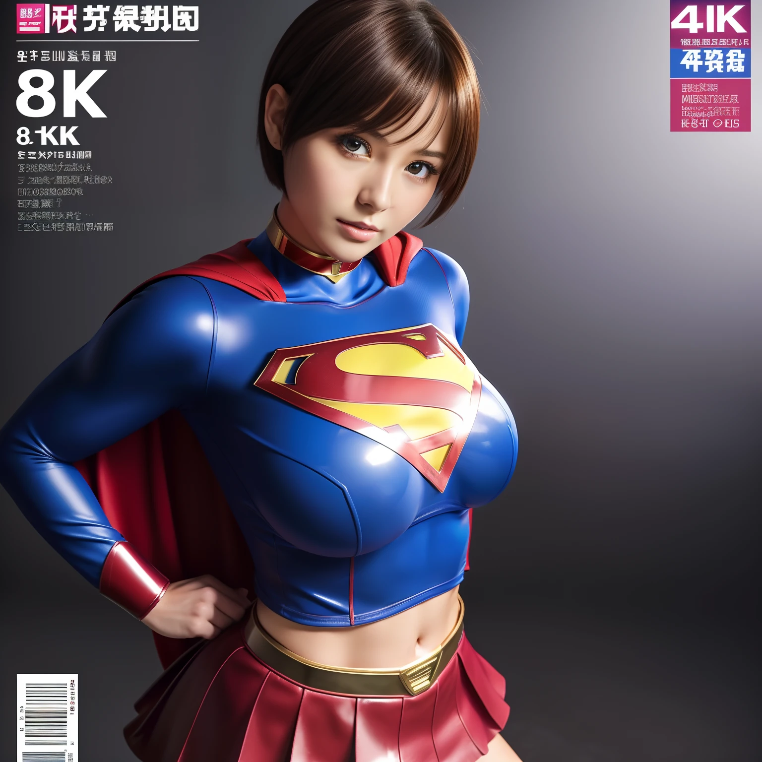 (Best Quality,4K,8K,hight resolution,masutepiece:1.2),Ultra-detailed,Realistic:1.37,Super masterpiece,Short-haired Supergirl、large full breasts、Looking at the camera、Glossy costume、a choker、Too short miniskirt、Weekly magazine cover、Powerful Pose、Navel out