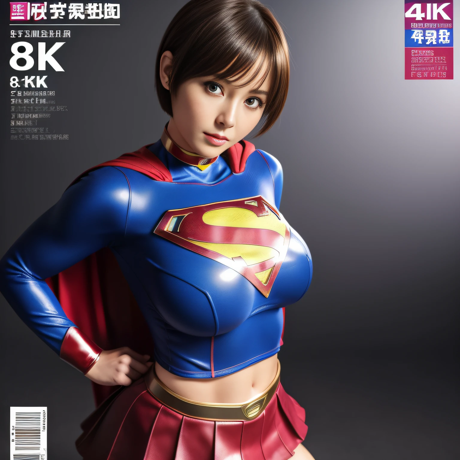 (Best Quality,4K,8K,hight resolution,masutepiece:1.2),Ultra-detailed,Realistic:1.37,Super masterpiece,Short-haired Supergirl、large full breasts、Looking at the camera、Glossy costume、a choker、Too short miniskirt、Weekly magazine cover、Powerful Pose、Navel out