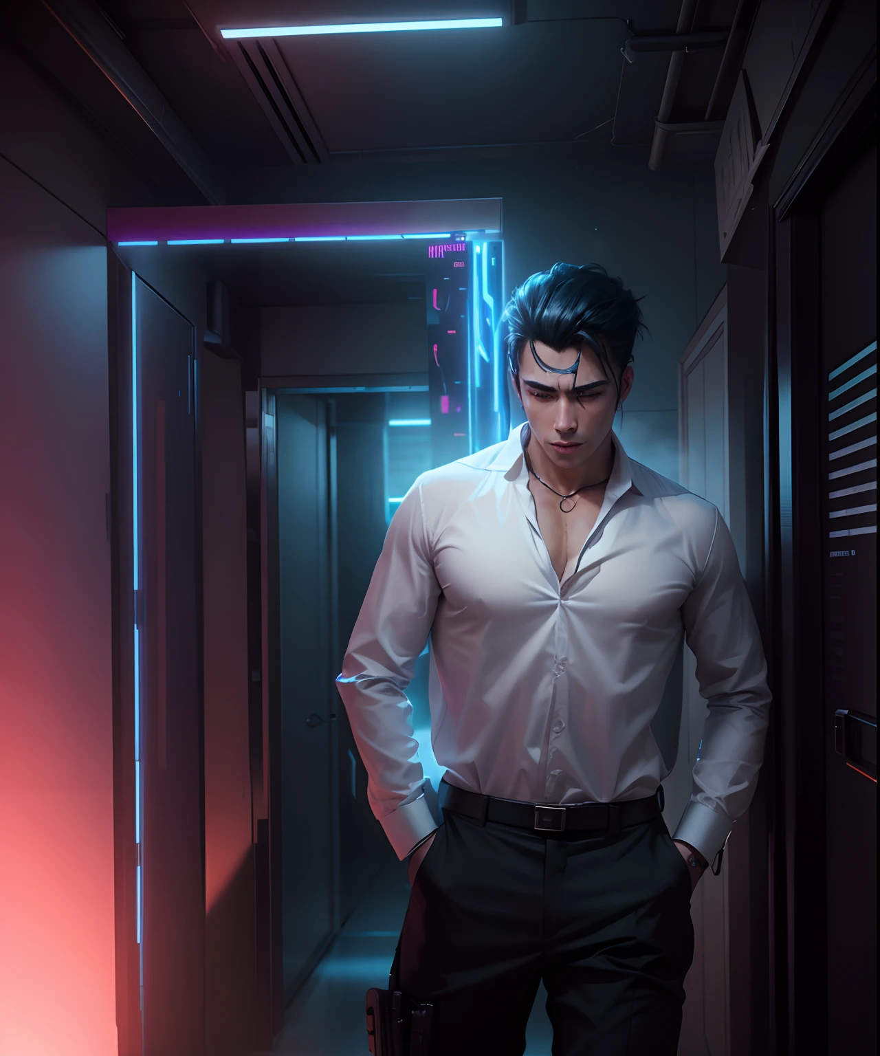 ultra realistic image ,8k,cinematic lightning, cyberpunk, handsome asthetic model,clean shave like korean