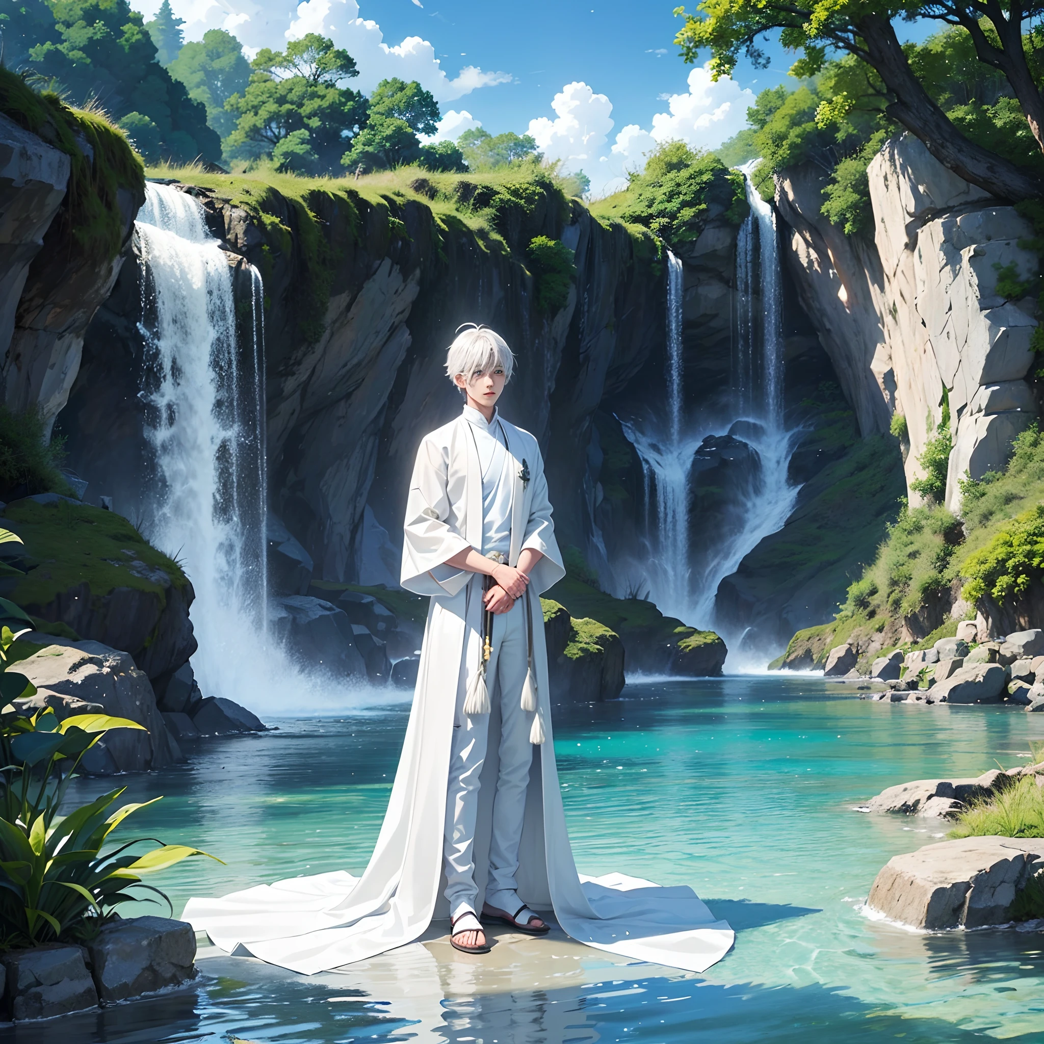 a white-haired boy,(Anime boys:1.2),(Sit on the water:1.1)A meditative,The water is calm,magnificent waterfalls,clear blue skies,Manhwa Style,HD graphics