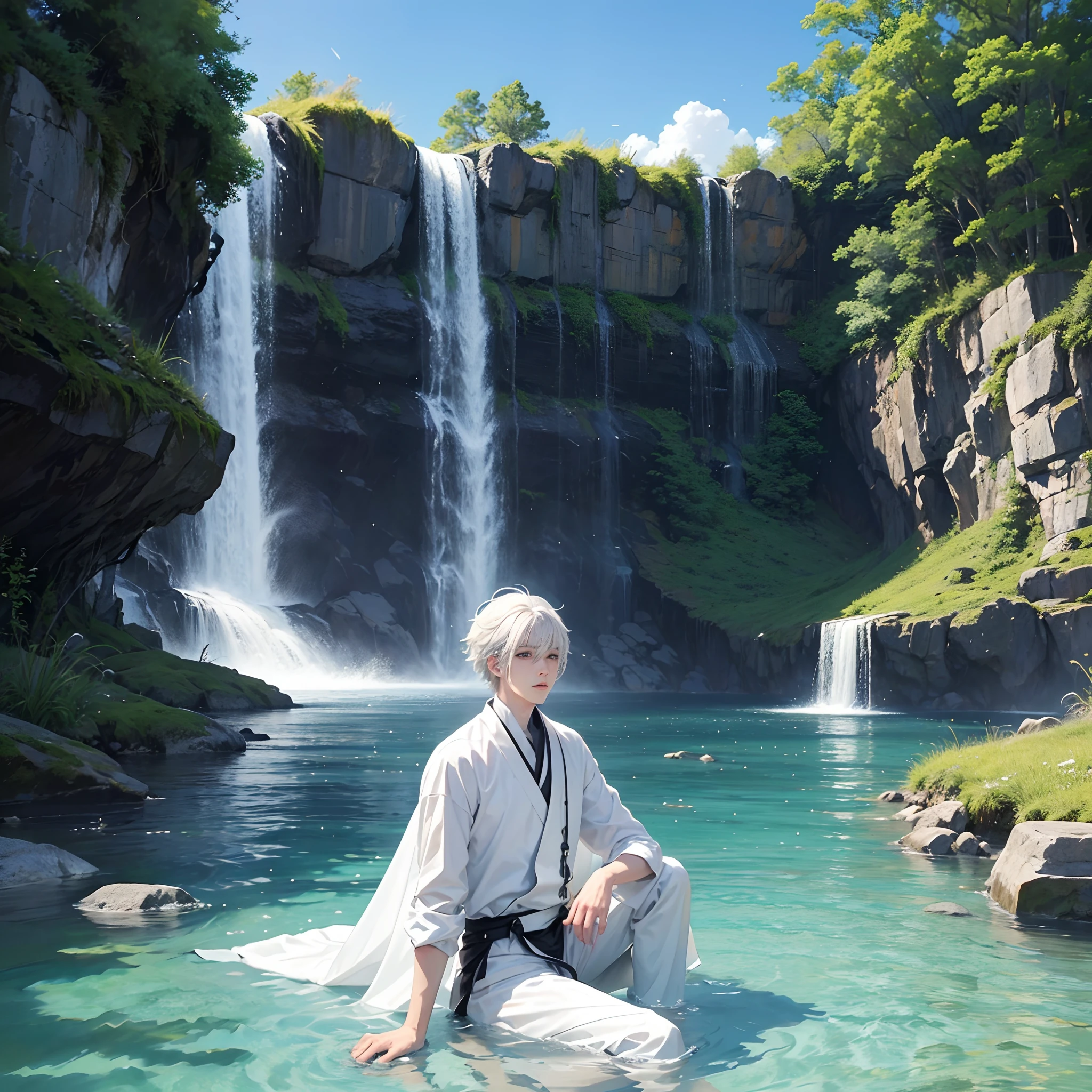 a white-haired boy,(Anime boys:1.2),(Sit on the water:1.1)A meditative,The water is calm,magnificent waterfalls,clear blue skies,Manhwa Style,HD graphics