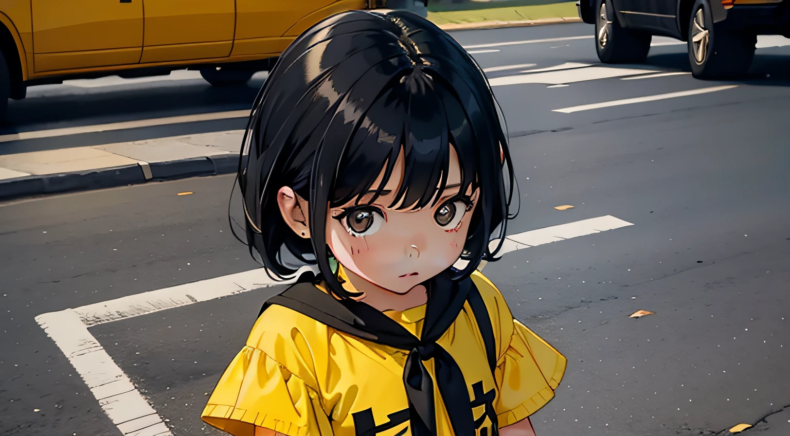5 year old girl,Black hair and yellow clothes,Roadside