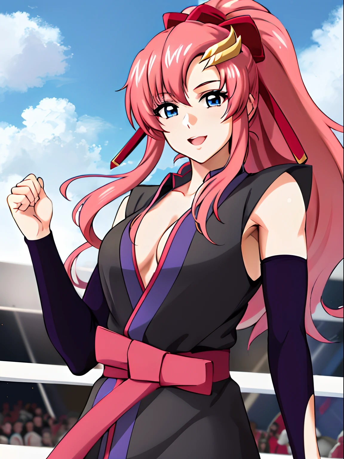 (masterpiece, upper body view, 4K, Best Quality, Anime style: 1.9, tall, adult Woman, ultra detailed face, (cloud background, wrestling arena), Drawing lines, high resolution, Anime, lacus4), 1girl, Solo, curvy figure, Long hair, 鎖骨, scapular, (Detailed wide hair bangs, Hair Ornament, long hair, Detailed reddish-pink hair, golden crest, high ponytail, red ribbon), cleavage, large hands, (female wrestler). (Big blue eyes, shiny eyes), ((pro female wrestler, little biceps, slender body, broad shoulders, closed fists)), ((perfect proportions, medium breasts, perky breasts, long belly, )), (((kimono only,))), happy, tilt head, smile, open mouth, (standing, looking at the viewer, talking to the viewer), showing off underarm, shaved armpit, (elegant lady)