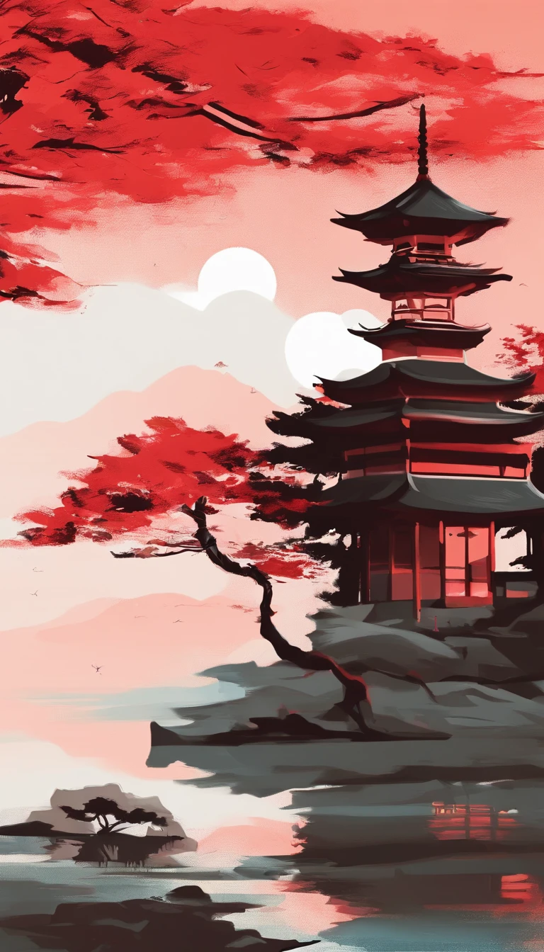 background depicting a temple, oriental wallpaper, Chinese landscape, Japanese Landscape, Chinese style, japanese art art, Japanese style painting, Ancient Chinese architecture, Chinese architecture,Pure blue sky,Beautiful tree,Red-blue tones,Figurative characters,Pine trees have details,The pavilion becomes smaller
