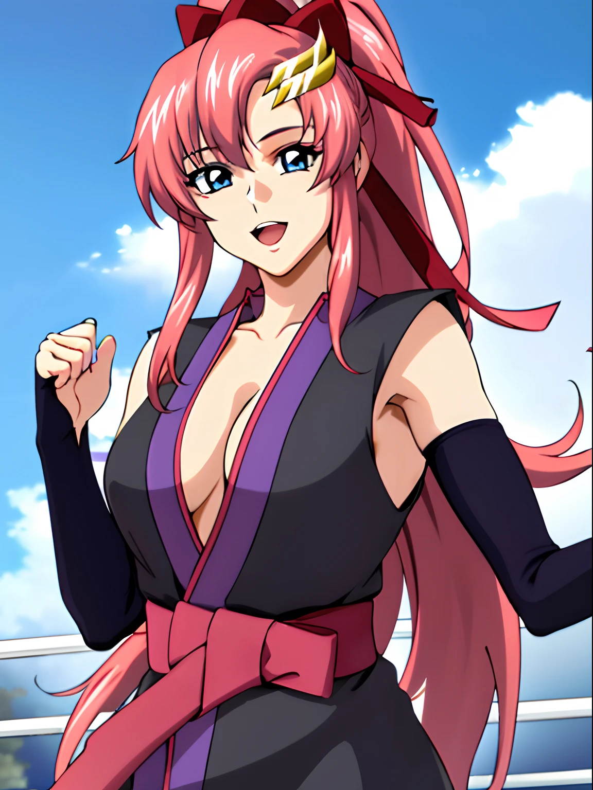 (masterpiece, upper body view, 4K, Best Quality, Anime style: 1.9, tall, adult Woman, ultra detailed face, (cloud background, wrestling arena), Drawing lines, high resolution, Anime, lacus4), 1girl, Solo, curvy figure, Long hair, 鎖骨, scapular, (Detailed wide hair bangs, Hair Ornament, long hair, Detailed reddish-pink hair, golden crest, high ponytail, red ribbon), cleavage, large hands, (female wrestler). (Big blue eyes, shiny eyes), ((pro female wrestler, little biceps, slender body, broad shoulders, closed fists)), ((perfect proportions, medium breasts, perky breasts, long belly, )), (((kimono only, long gloves))), happy, tilt head, smile, open mouth, (standing, looking at the viewer, talking to the viewer), showing off underarm, shaved armpit, (elegant lady)