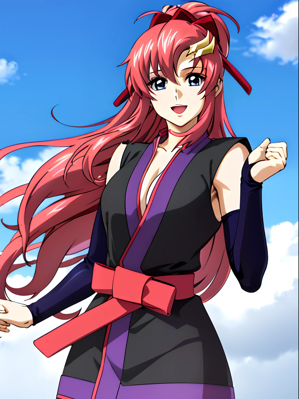lacus4, (black abaya, running, thin girl, masterpiece, cowboy shot, 4K, Best Quality, Anime style: 1.9, happy, Adult Woman, (ultra detailed head), (Drawing lines, high resolution, lacus4), 1girl, Solo, curvy figure, Long hair, clavicle, scapular, (Detailed wide hair bangs, Hair Ornament, Detailed reddish-pink hair, shiny streaks, very wet body, slim arms), large hands, (hair cover shoulders). (Big blue eyes, shiny eyes), ((female wrestler, (slim body))), ((perfect proportions, long mid section)), ((black abaya, little cleavage)), smile with a wink, (standing, hot colors), detailed fingers, (background: simple white background only)