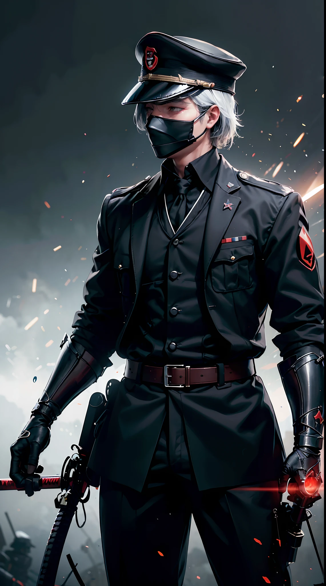 Grandfather holding katana,  ww2 black suits,  general  ww2 hats, black eye mask, soldiers in the background,red blood element,hd light and dark, balance rendering, HD lighting and dark )<=(epic image quality)dark atmosphere with bright particle light(many effects in background)