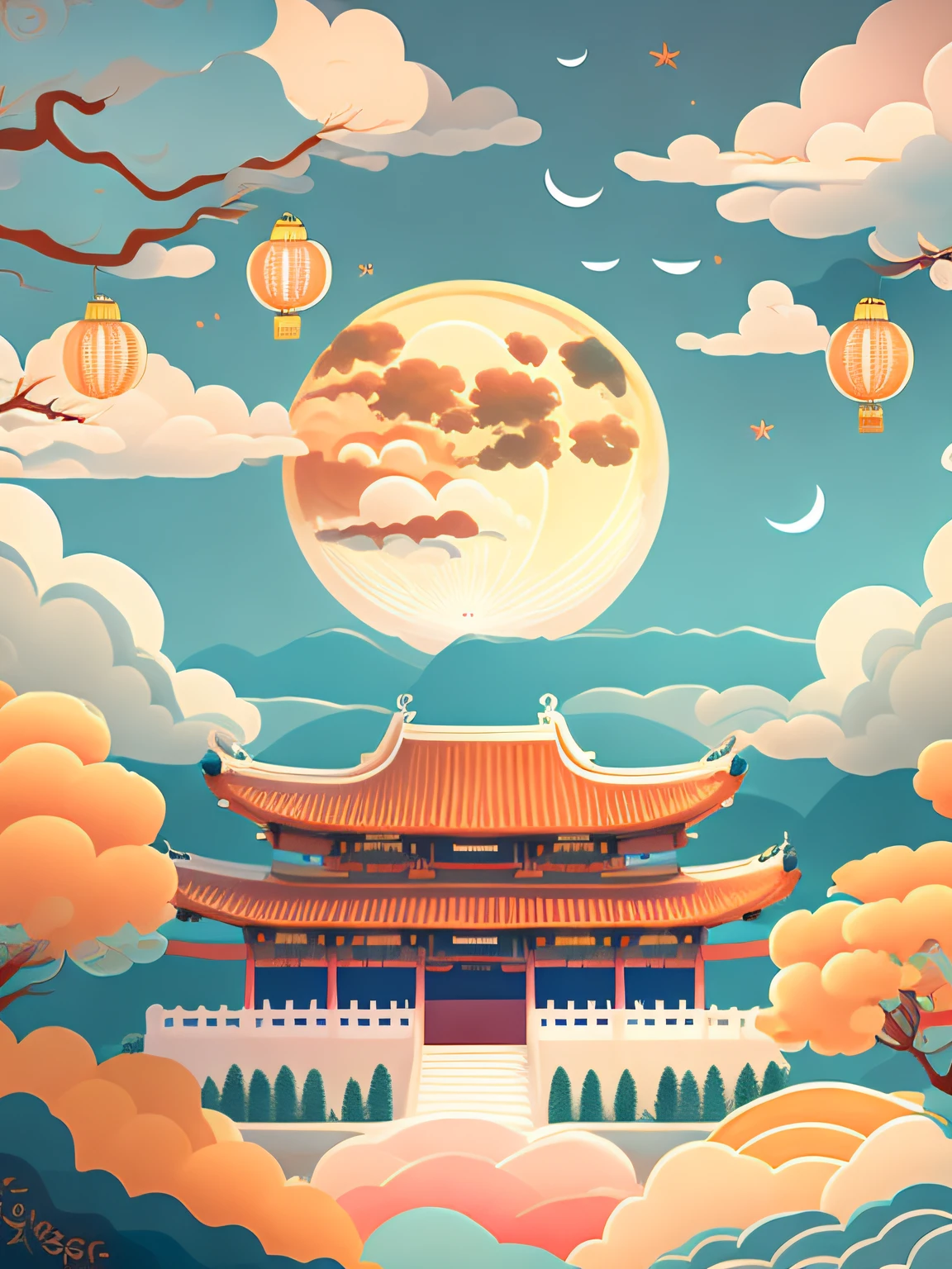 Art is commercial illustration,The theme is the Mid-Autumn Festival poster。The background is a scene of the moon and the moon palace,There are lanterns flying outside the moon。The center area of the picture is centered and typeset,Add the text "Rich Education" in the upper part of the picture,The main body is Jade Rabbit making mooncakes。laurel、mont、Eau、Clouds and other details decorated,Poster design,vectorial art,Best quality,8K