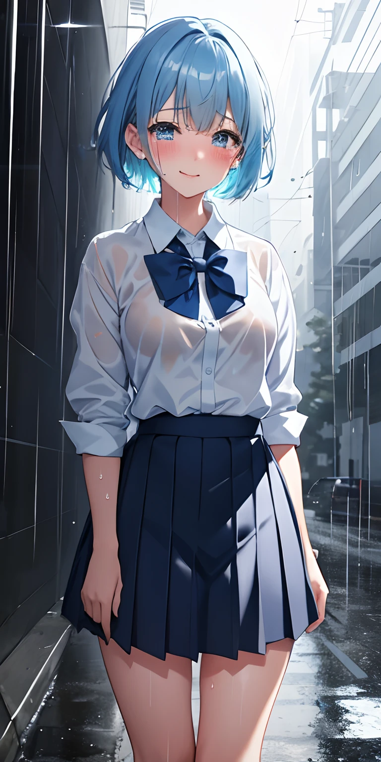 Ultra HD, 1girl, short hair, light blue hair, school uniform, skirt,  crying, tears, smiling, happy, blush, rain, wet, street, glowing, wallpaper, sidelighting