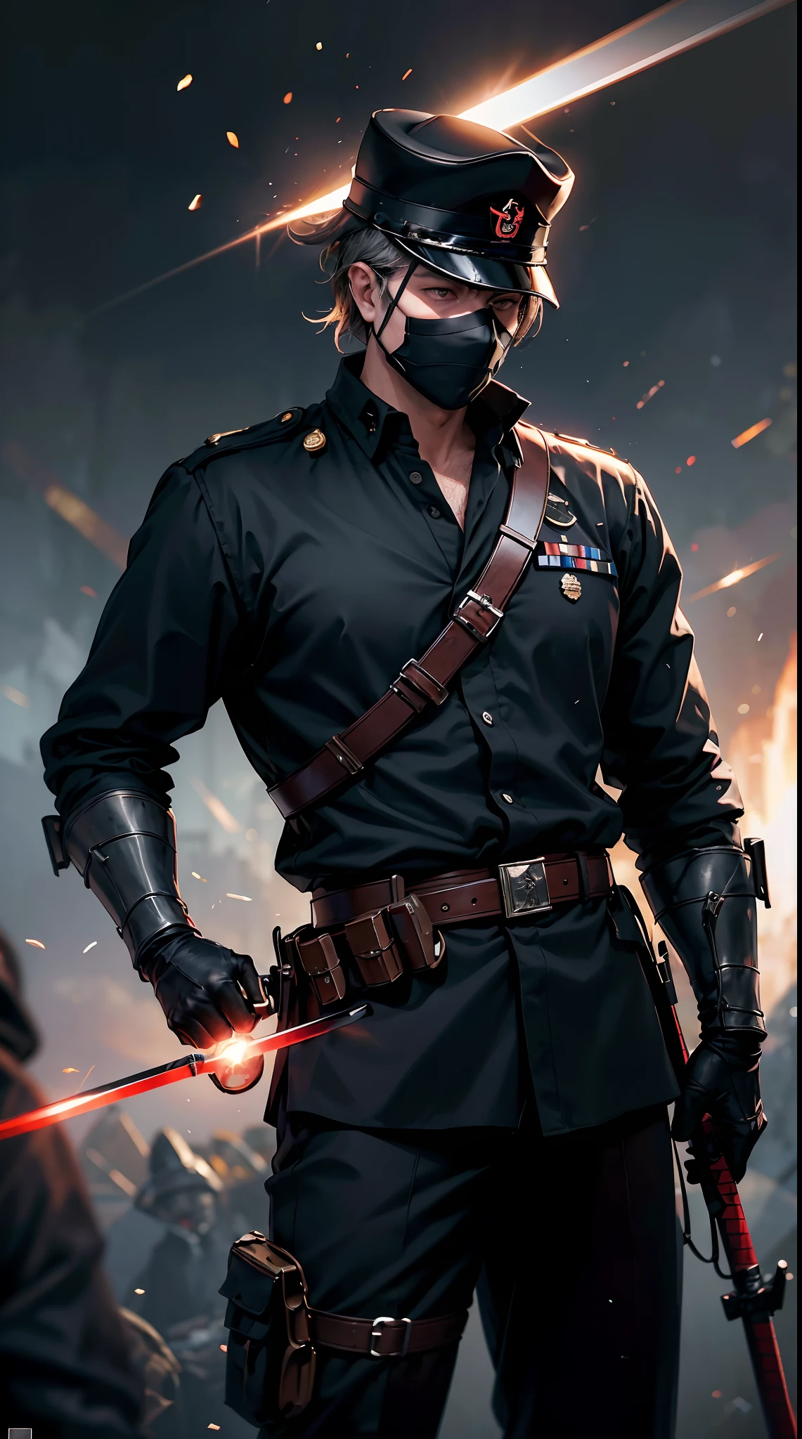 Grandfather holding katana, ww2 black suits, general ww2 hats, black eye mask, soldiers in the background,red blood element,hd light and dark, balance rendering, HD lighting and dark )<=(epic image quality)dark atmosphere with bright particle light(many effects in background)